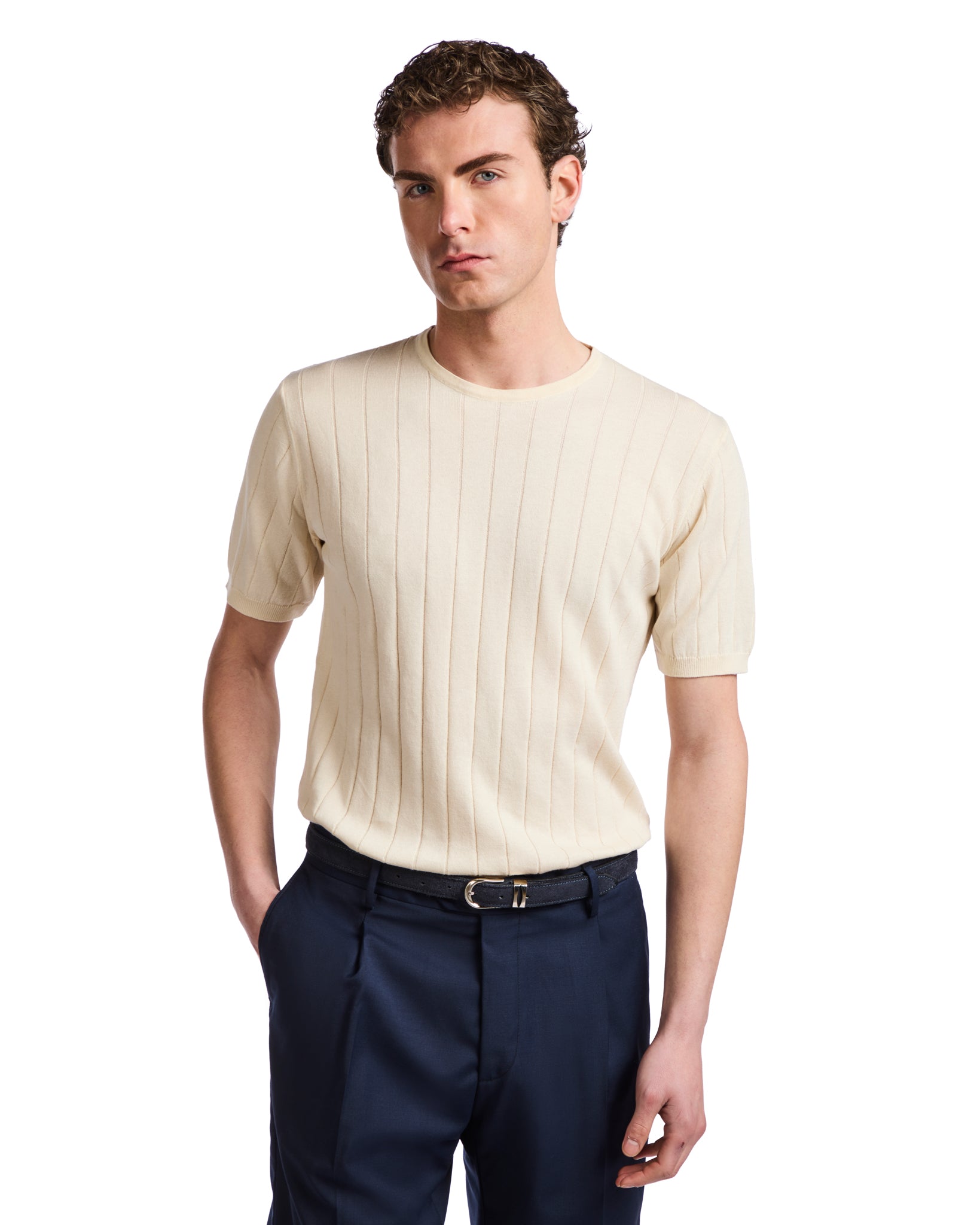 T-shirt Adriano a coste in maglia panna