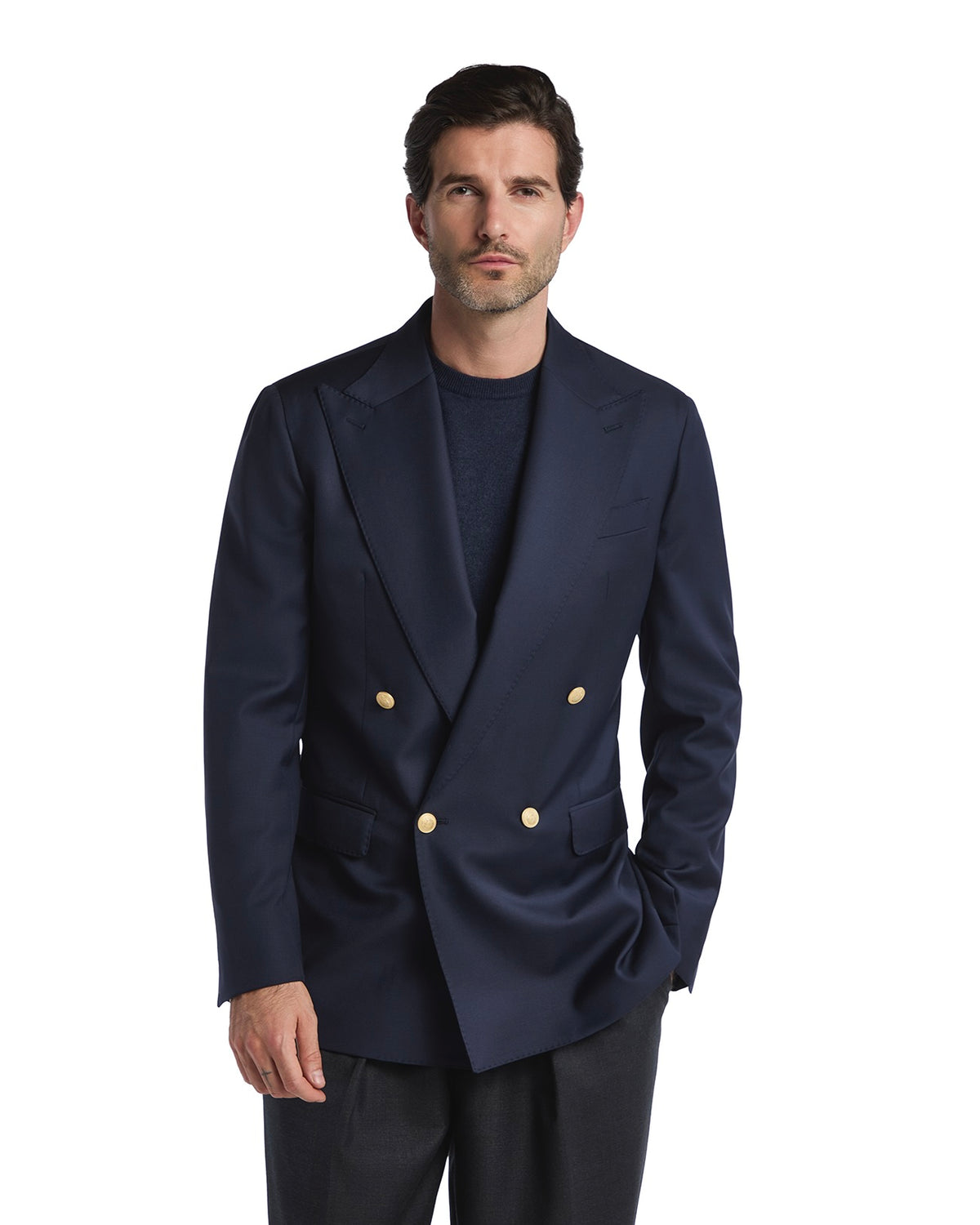Navy blue double-breasted men's blazer in a sleek, tailored fit with gold buttons, perfect for formal occasions.