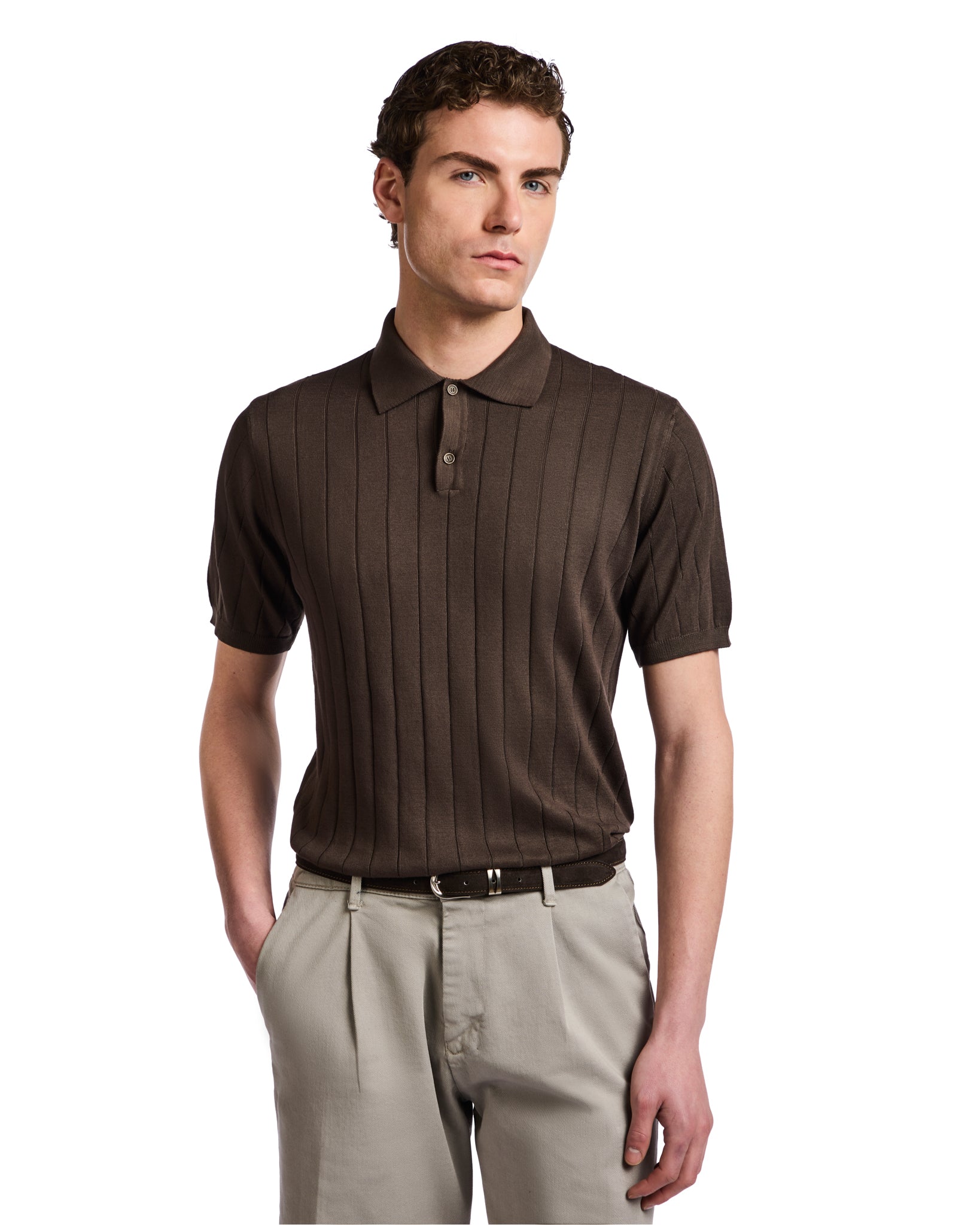 Cameron polo shirt in dark brown ribbed knit
