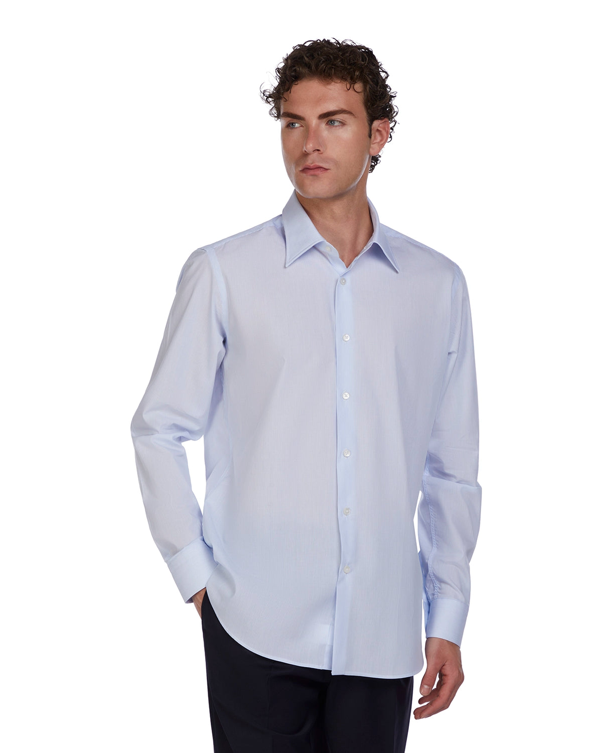 Light blue men's dress shirt, crafted from breathable cotton, featuring a classic collar and long sleeves.