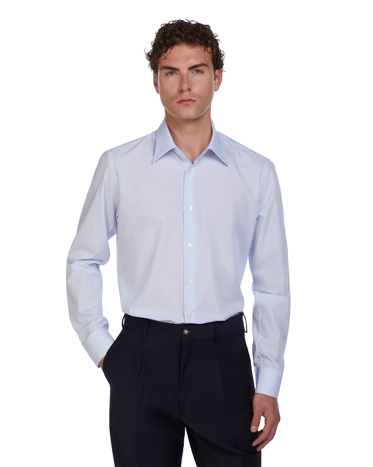 Light blue striped men's dress shirt in cotton blend, featuring a classic collar and tailored fit.