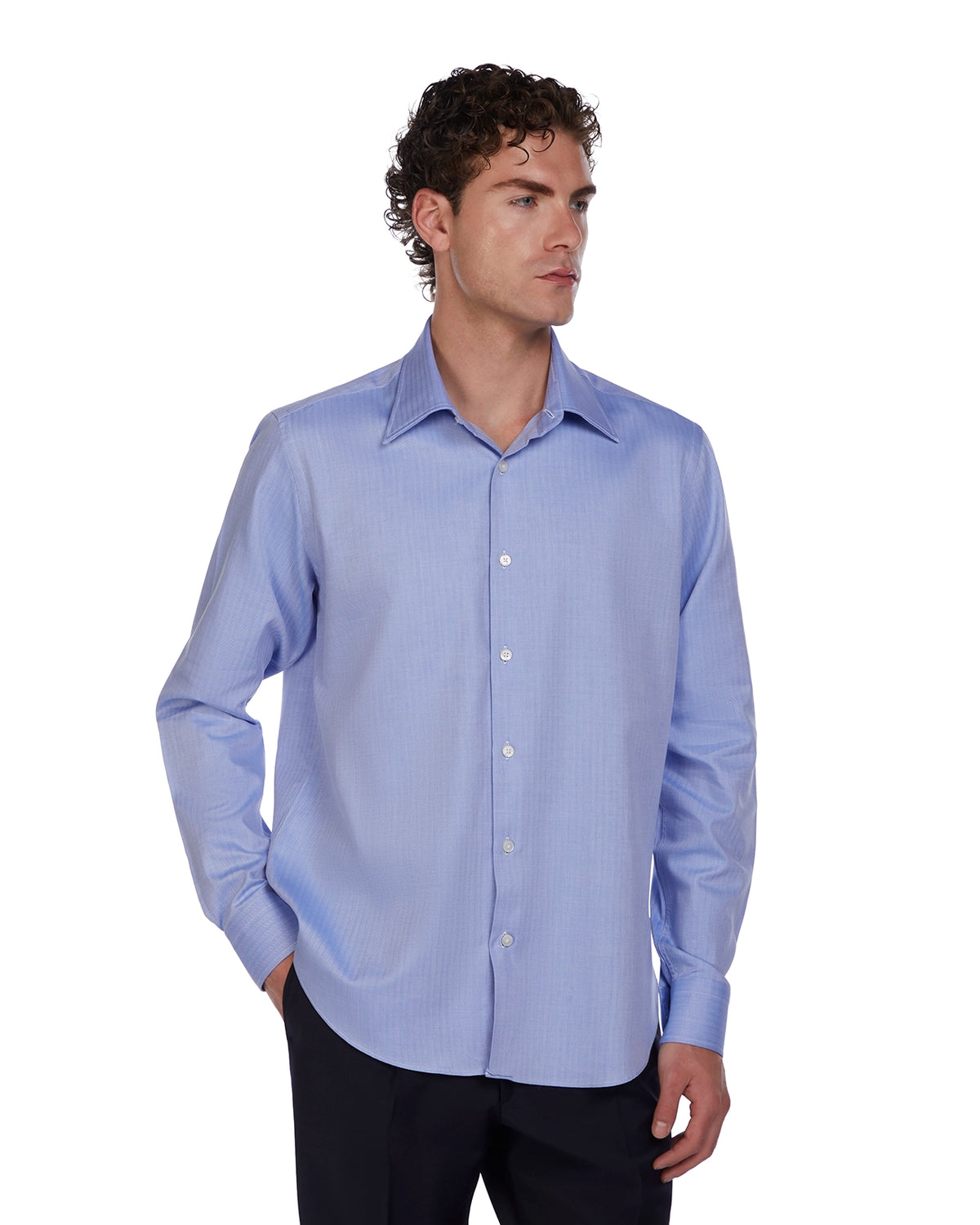 Light blue long-sleeve dress shirt in sleek cotton blend, featuring a classic collar and modern fit.