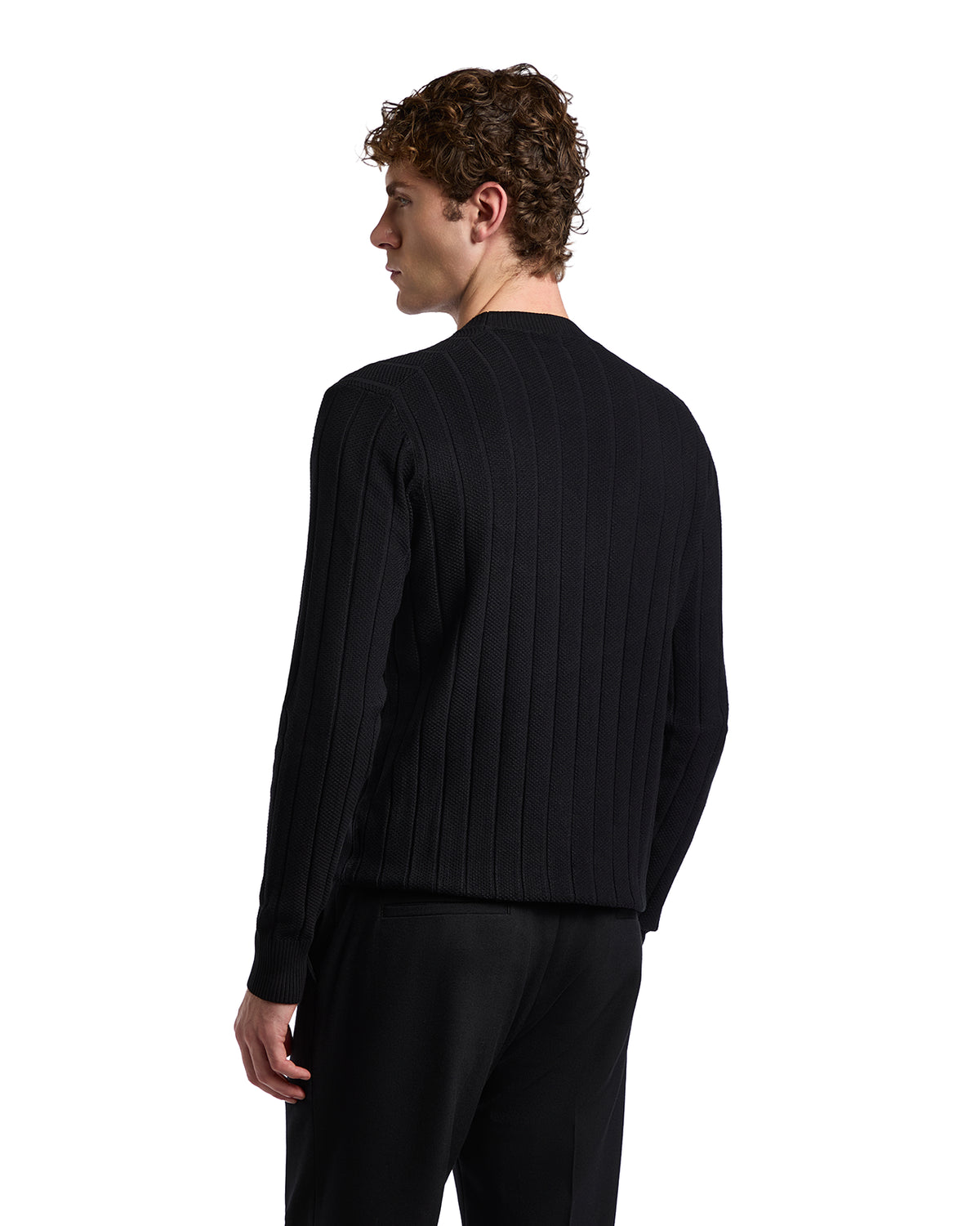 Men's black ribbed knit sweater in a relaxed fit, featuring long sleeves and a stylish textured design.