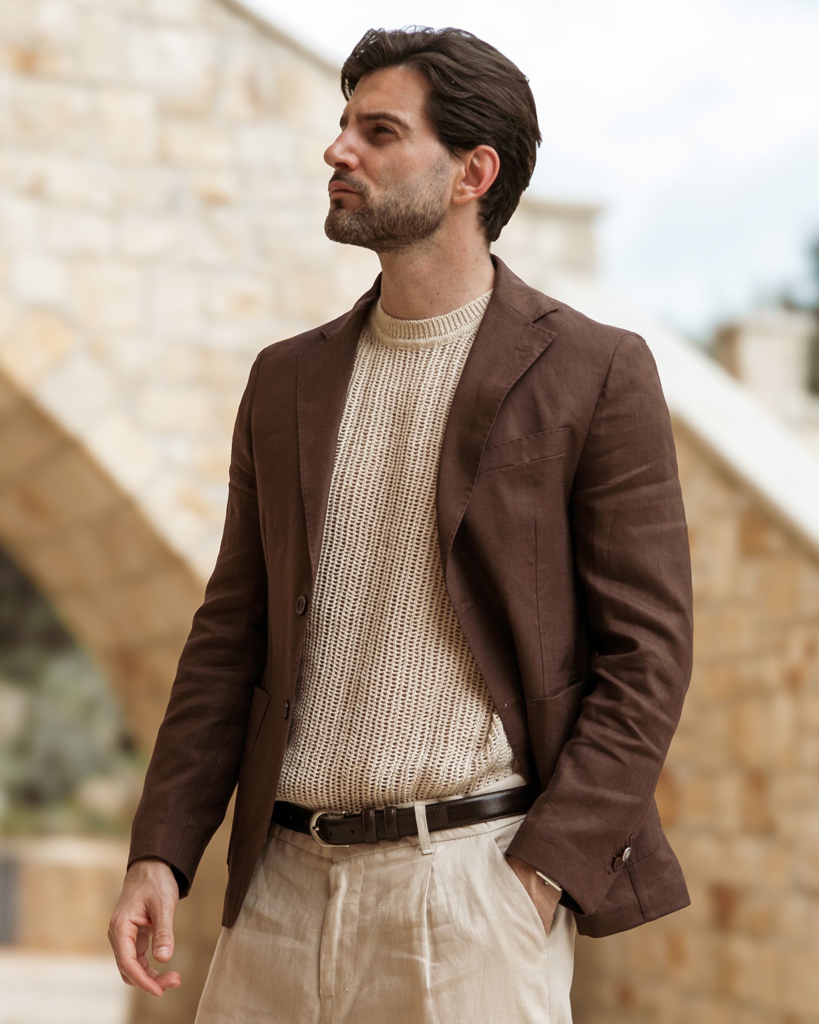 Narni - single-breasted jacket in pure dark brown linen