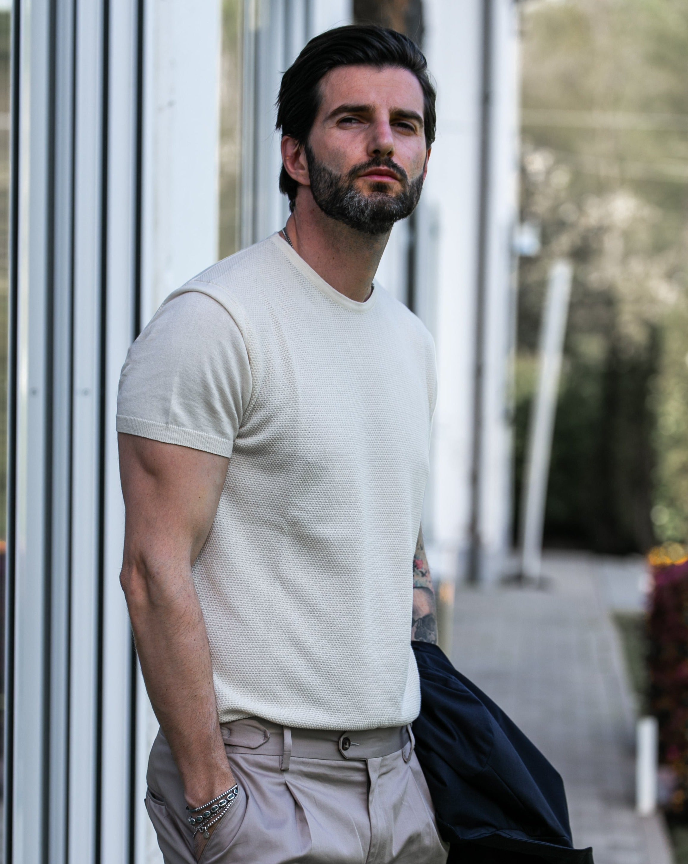 Lorenzo - t-shirt panna in maglia jacquard