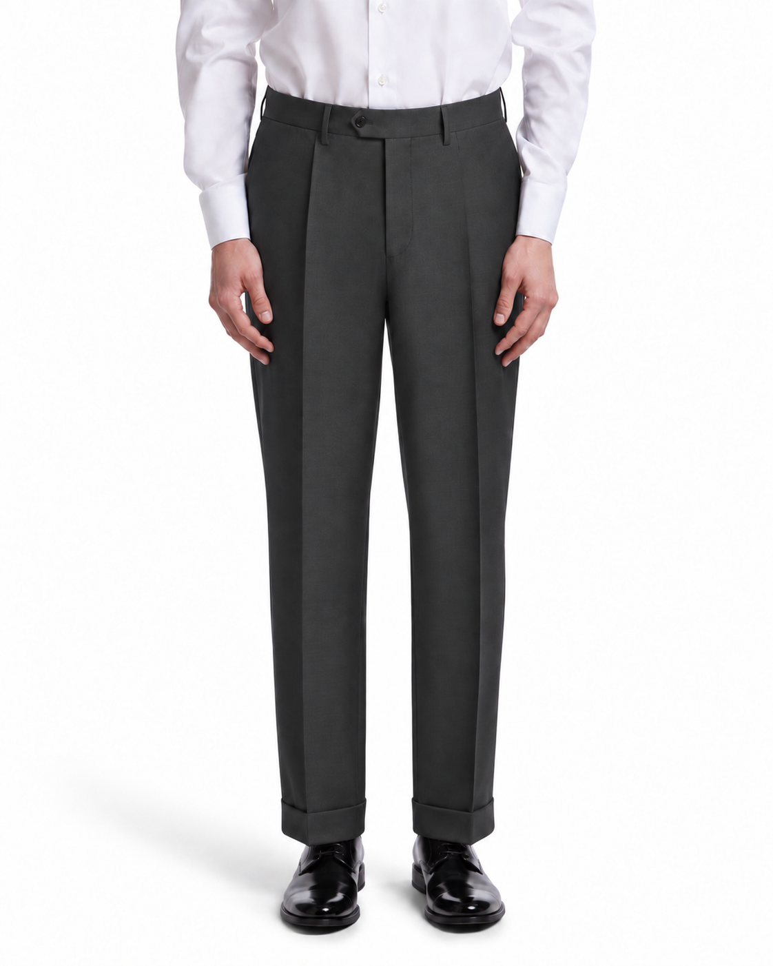 Men's charcoal gray pleated dress pants made from lightweight fabric, suitable for formal occasions.