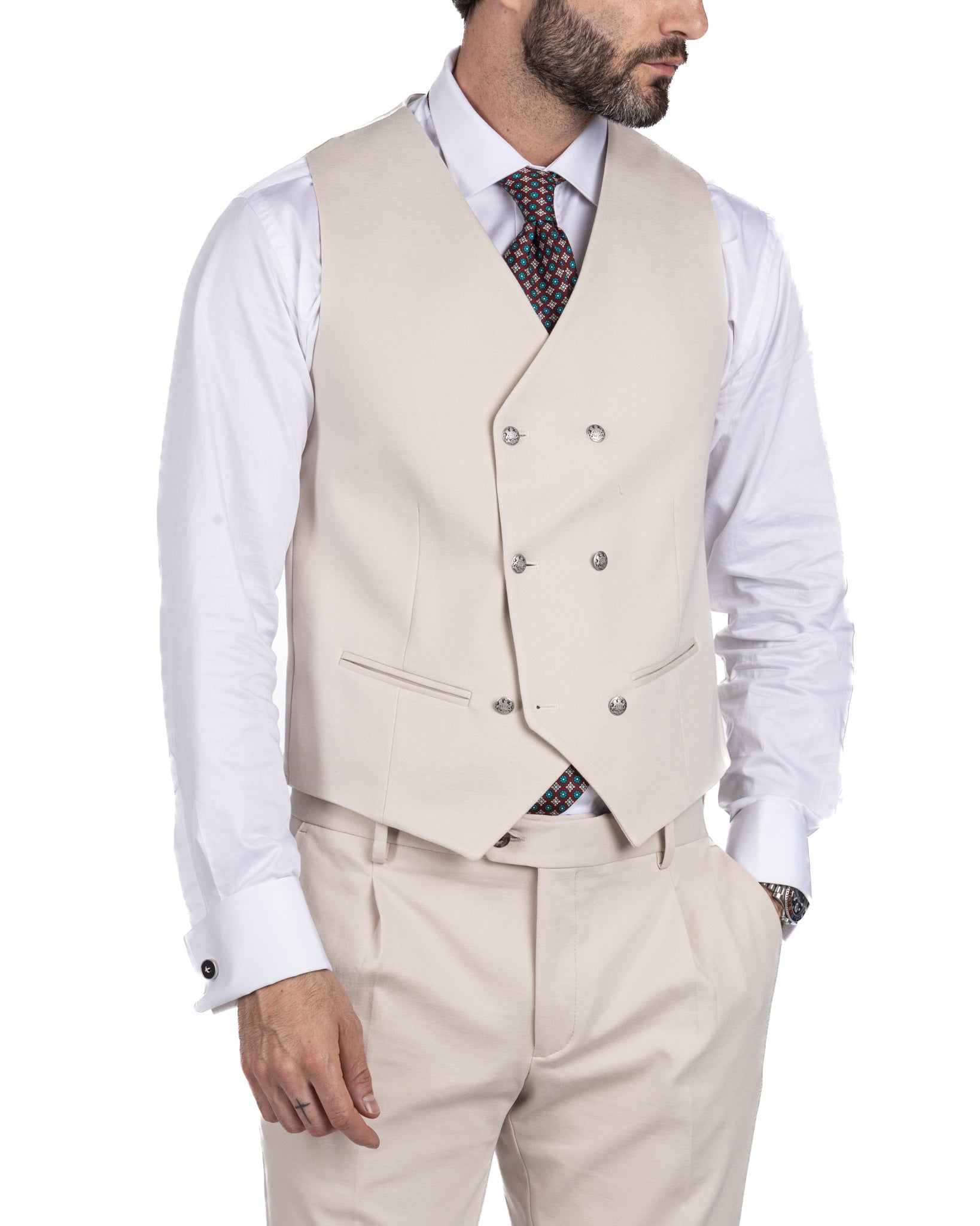 Mustang - double-breasted waistcoat in cream Milan stitch