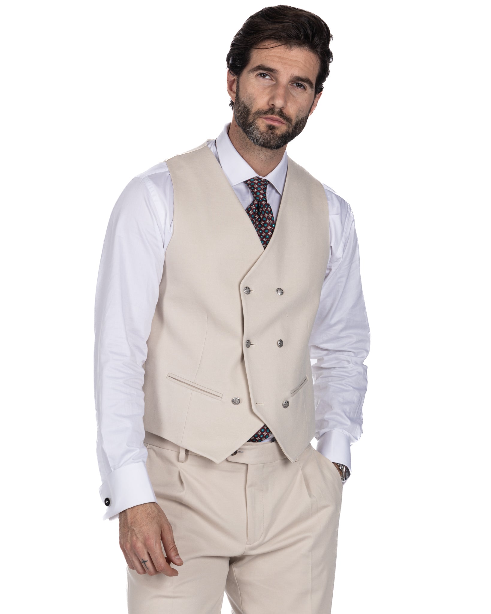 Mustang - double-breasted waistcoat in cream Milan stitch
