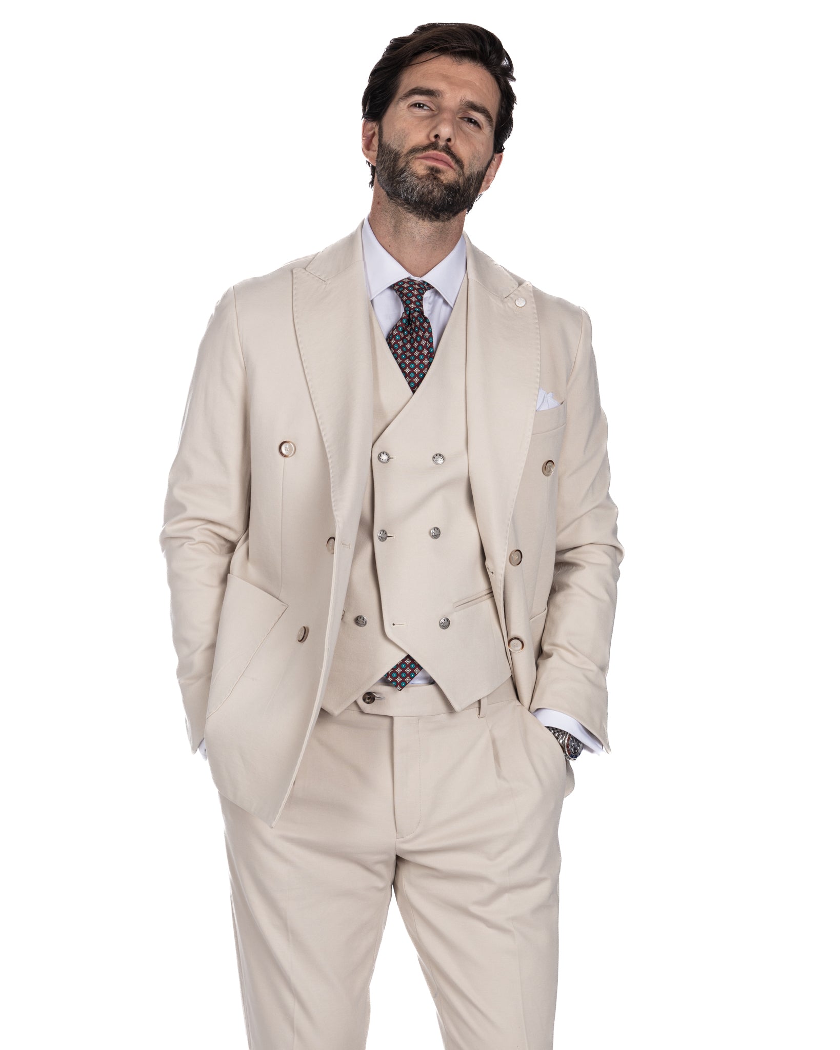 Mustang - double-breasted waistcoat in cream Milan stitch