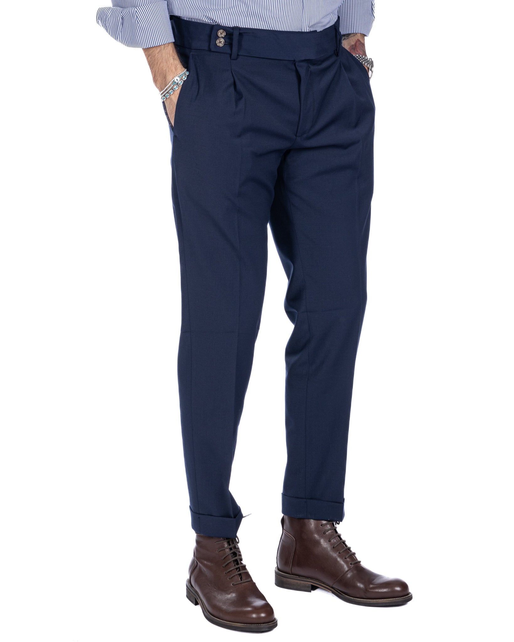 Italian - pantalone vita alta blu in misto lana