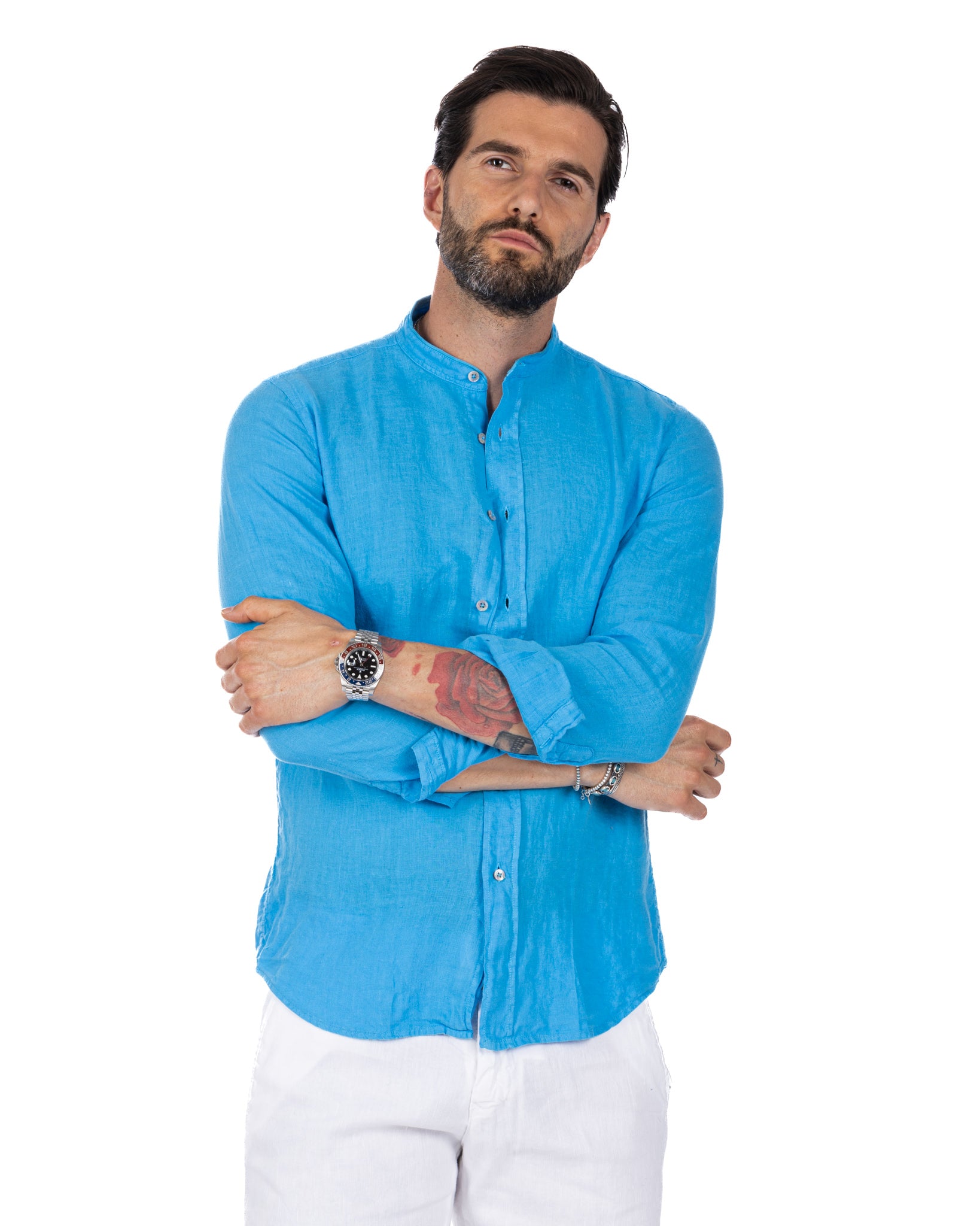 Nizza - Korean shirt in turquoise pure linen