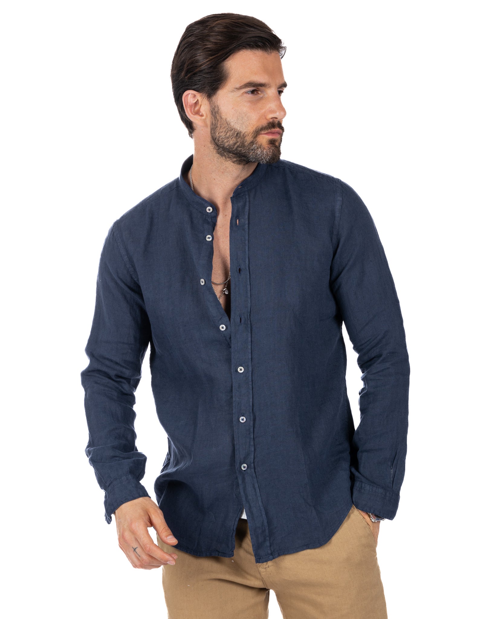 Nizza - Korean shirt in pure blue linen