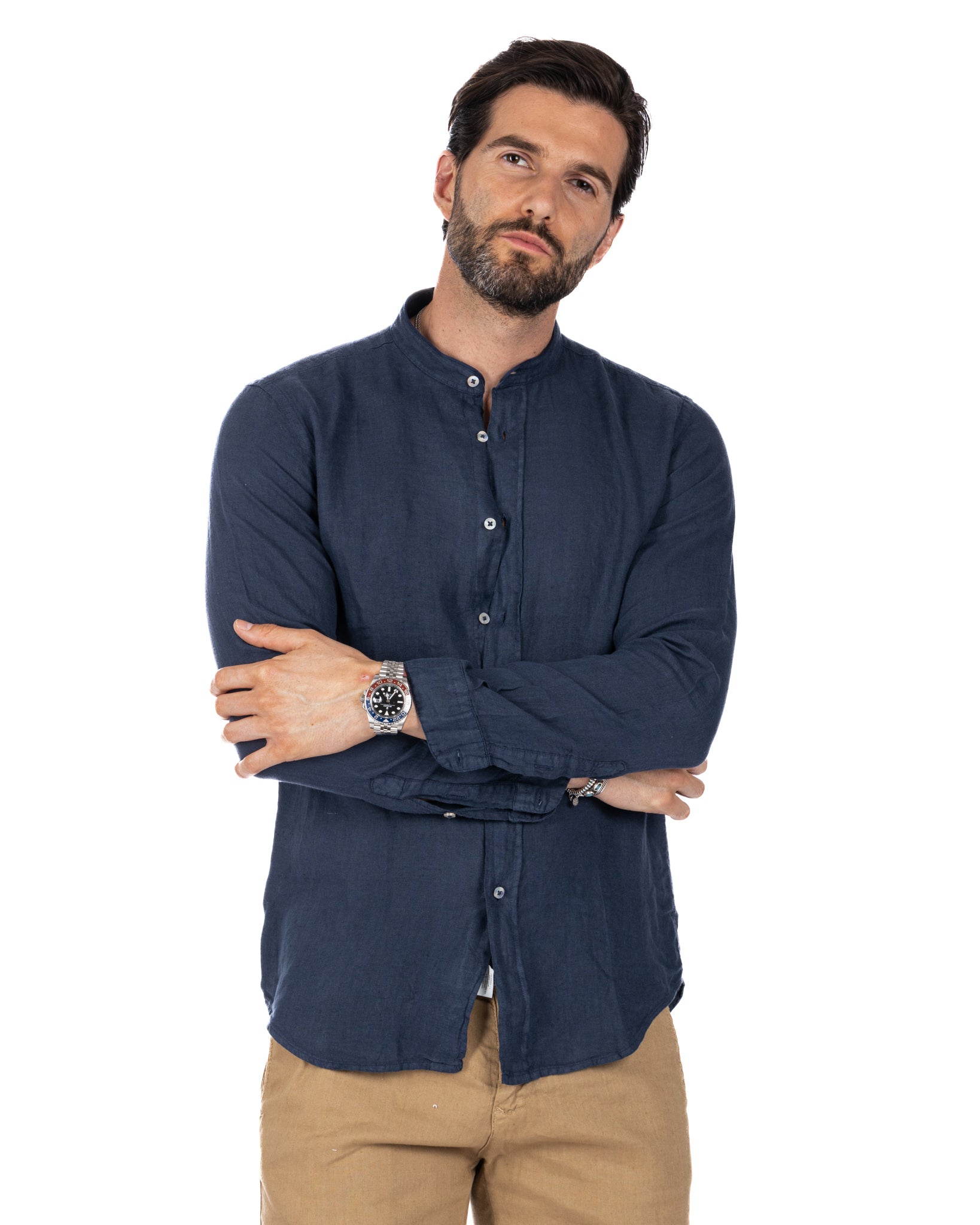 Nizza - Korean shirt in pure blue linen