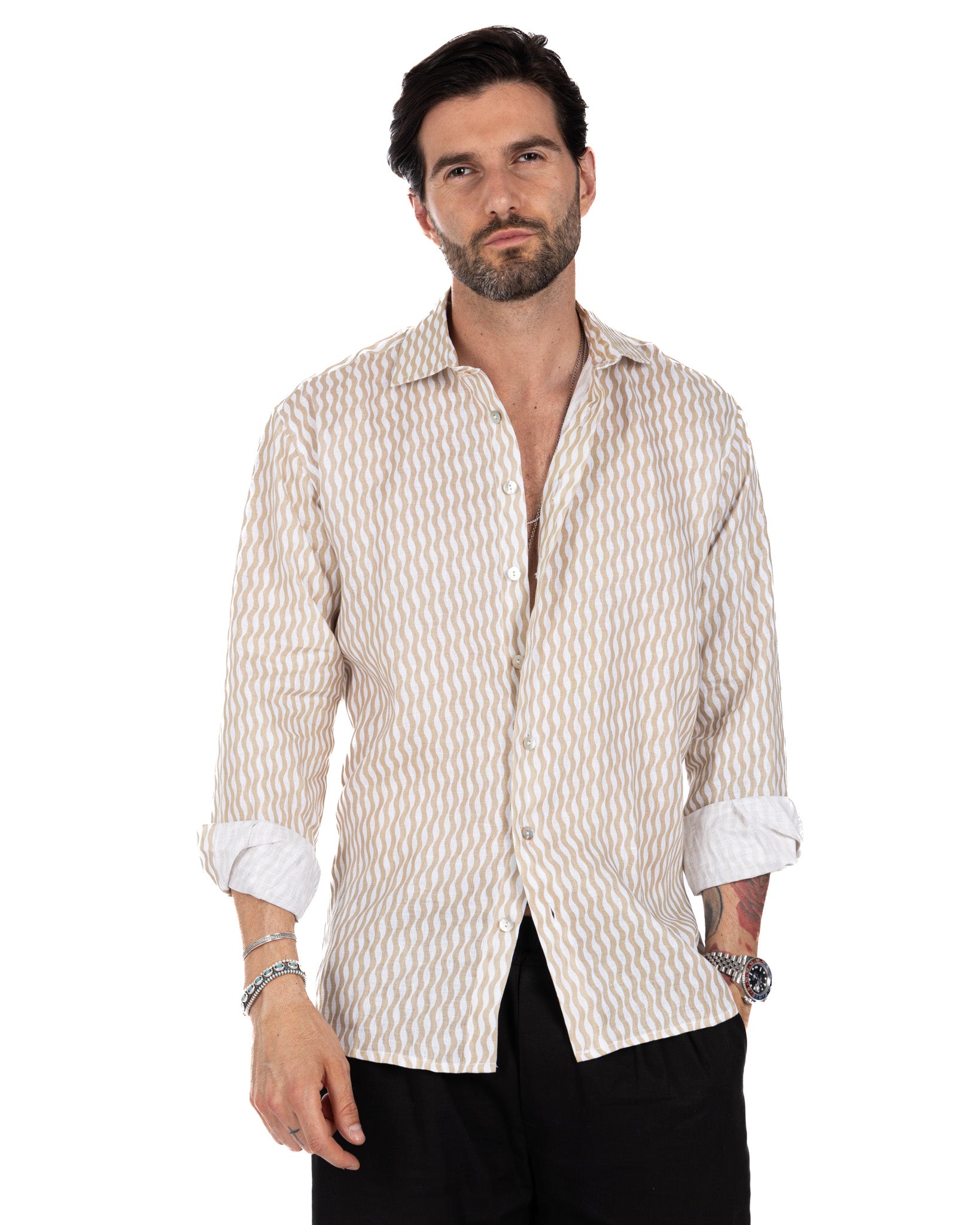 Onda - camicia stampata beige in lino
