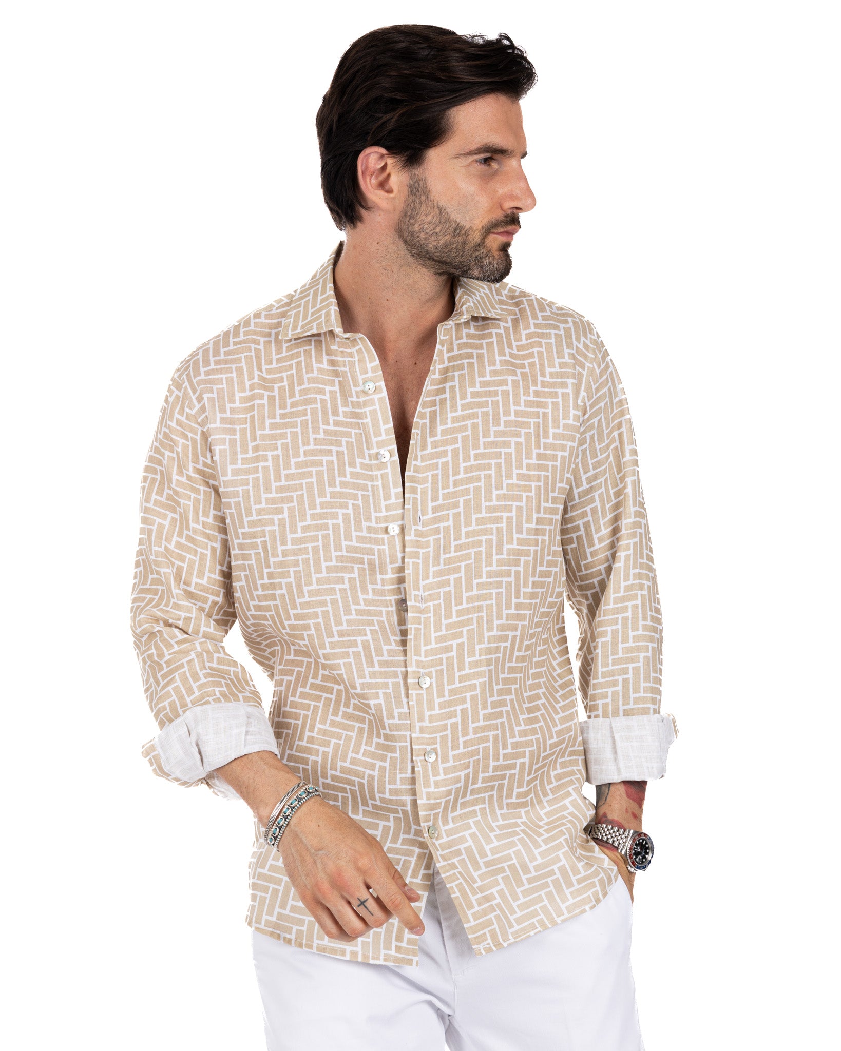 Riggiòla - chemise en lin imprimé beige
