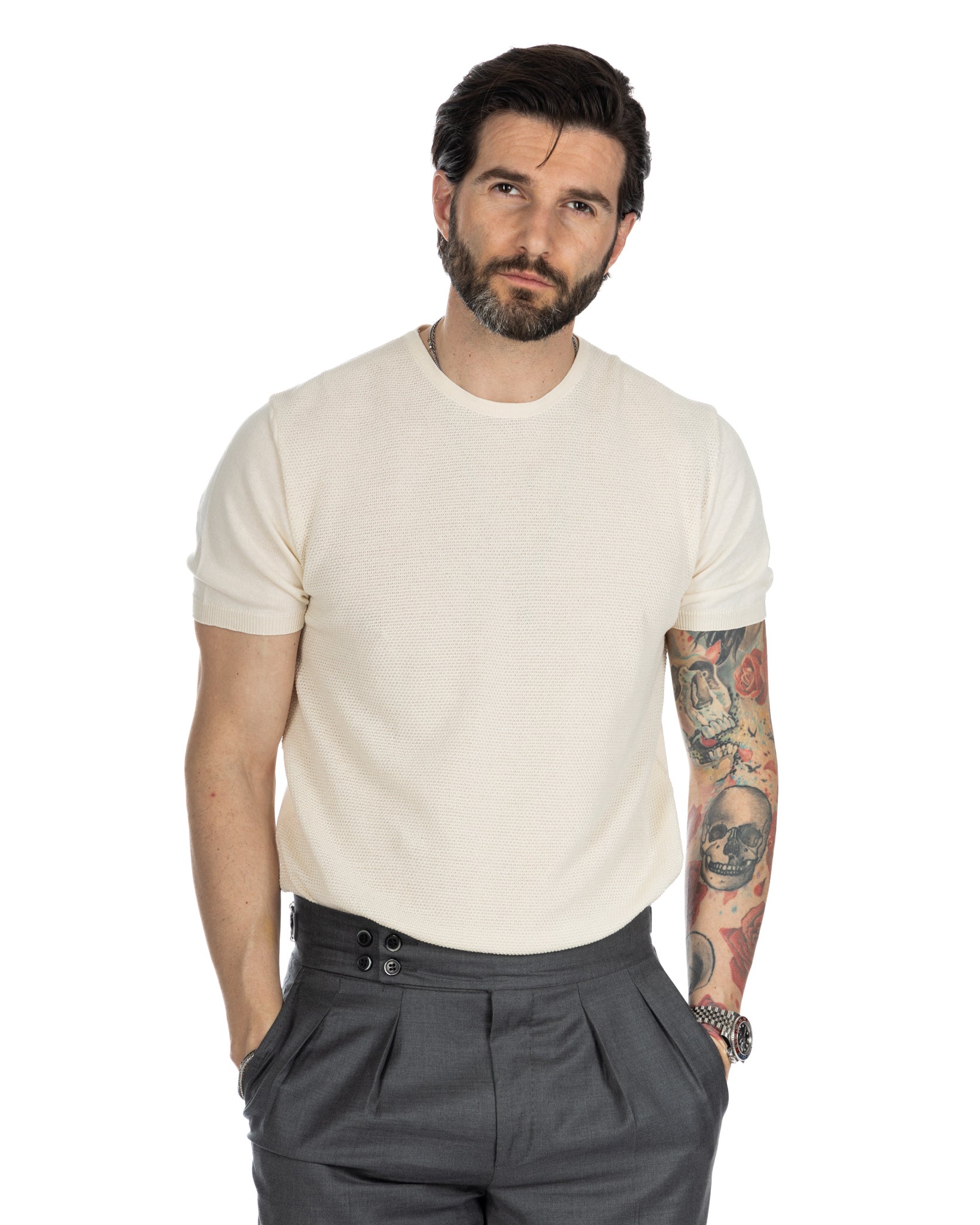 Lorenzo - cream t-shirt in jacquard knit