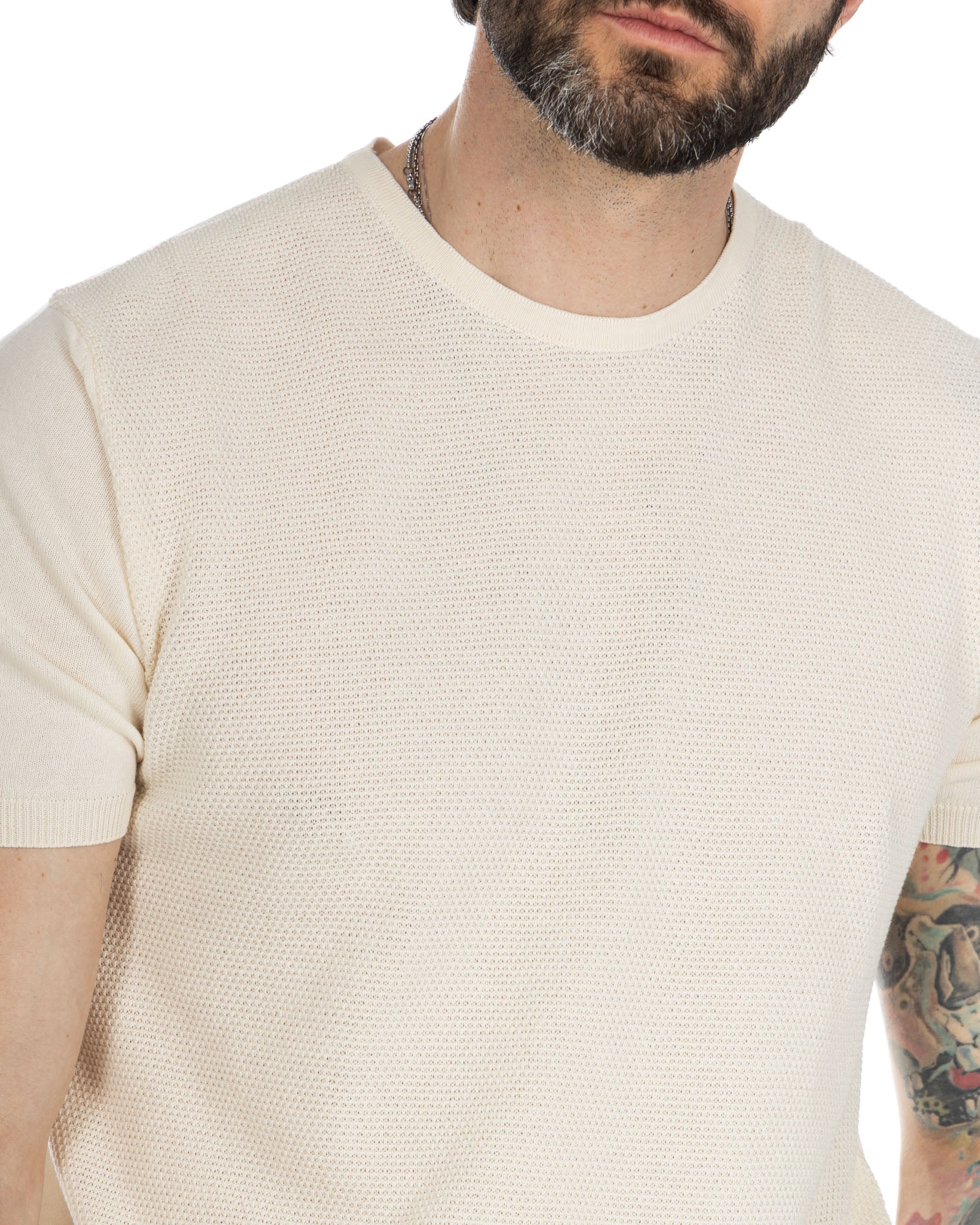 Lorenzo - t-shirt panna in maglia jacquard
