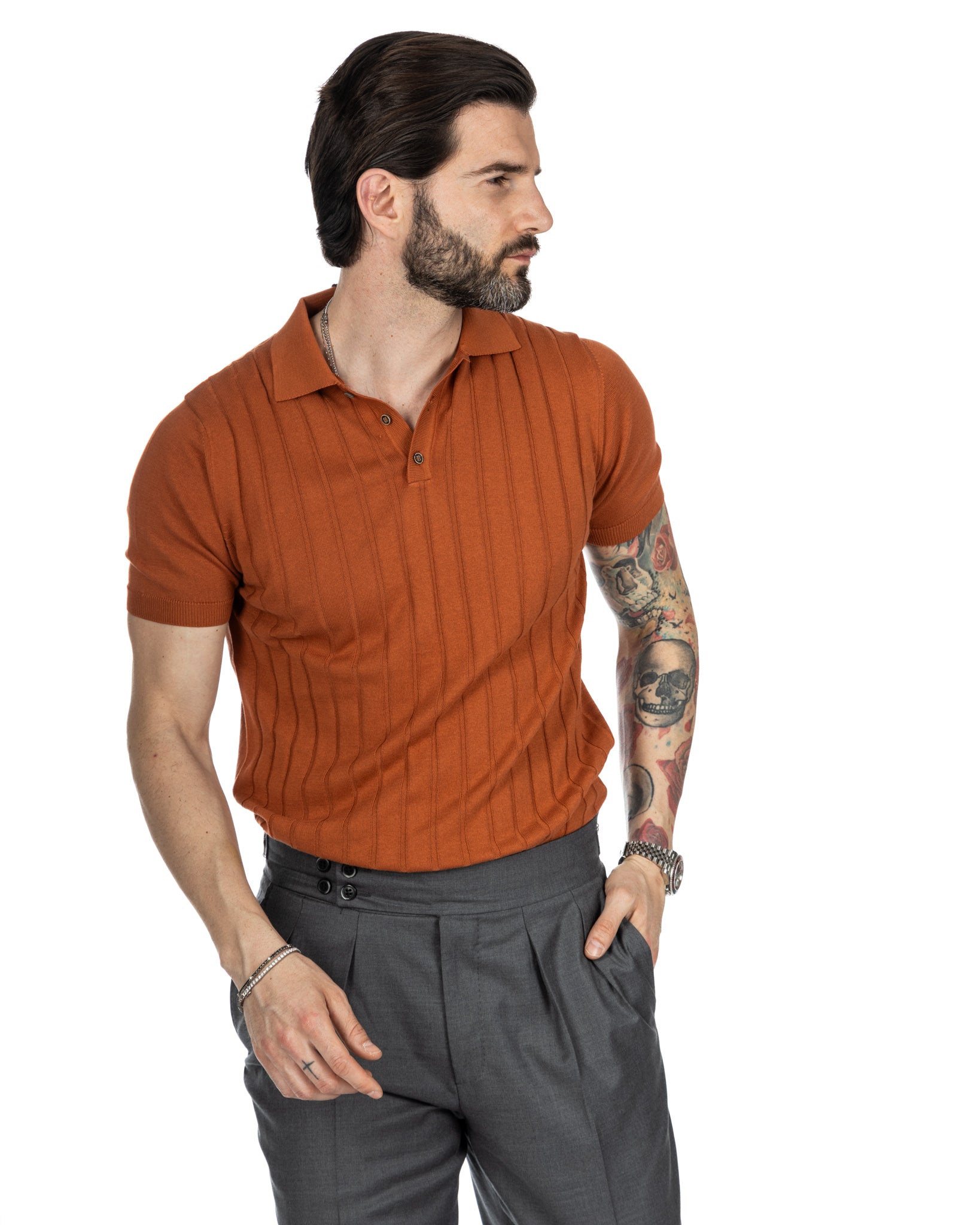 Rafael - rust ribbed knit polo