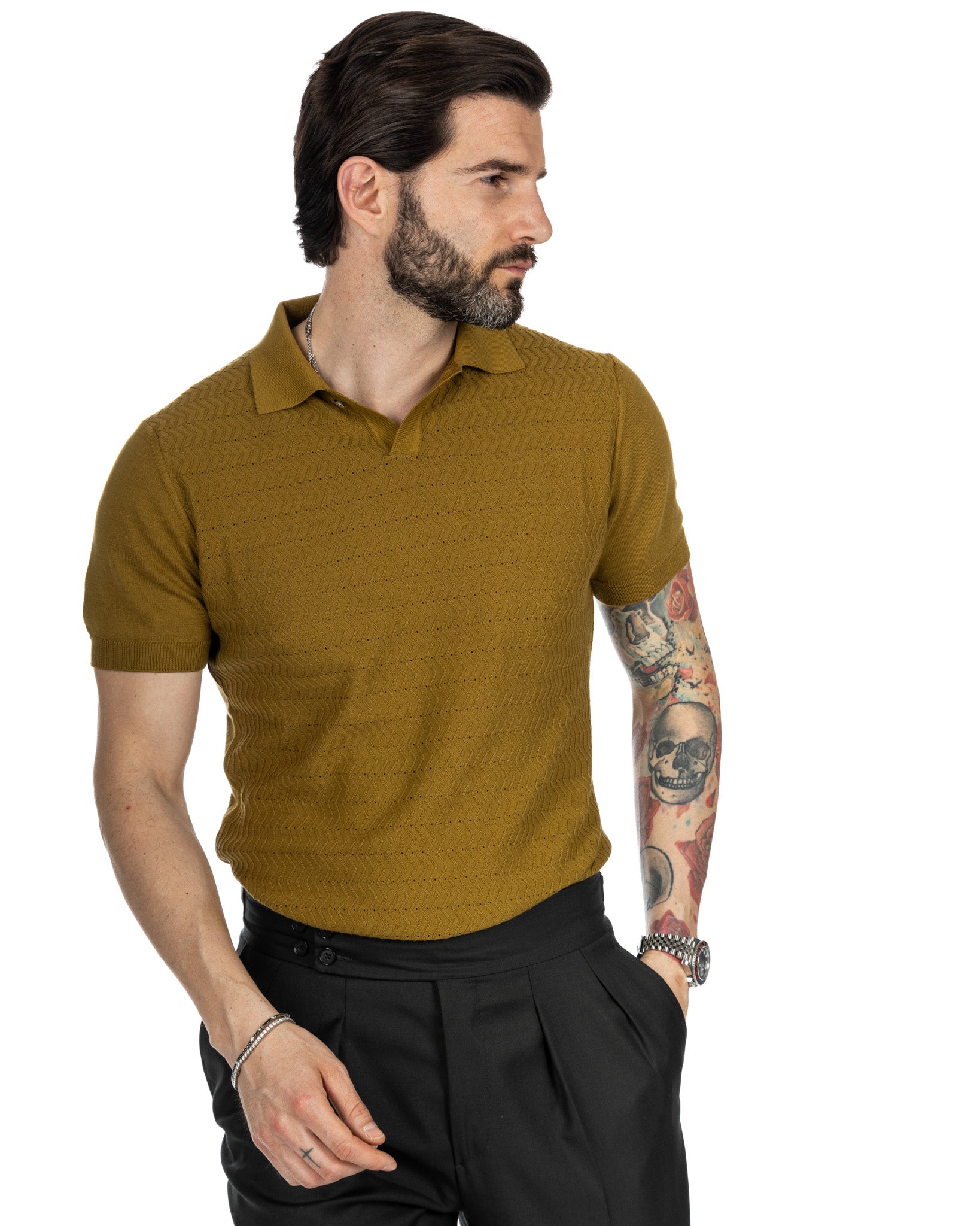 Stefanos - polo en maille jacquard camel
