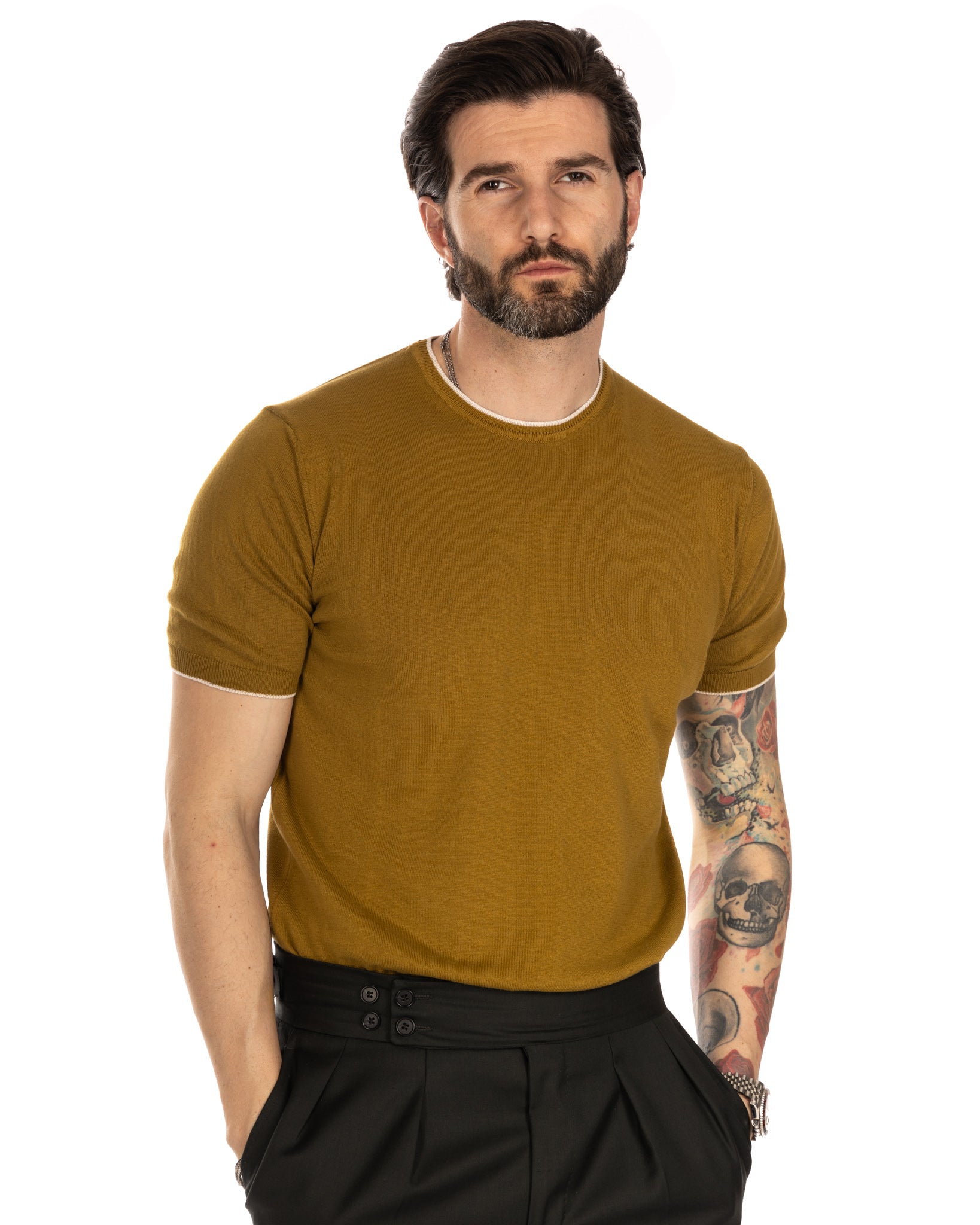 Holger - t-shirt en maille camel avec contraste