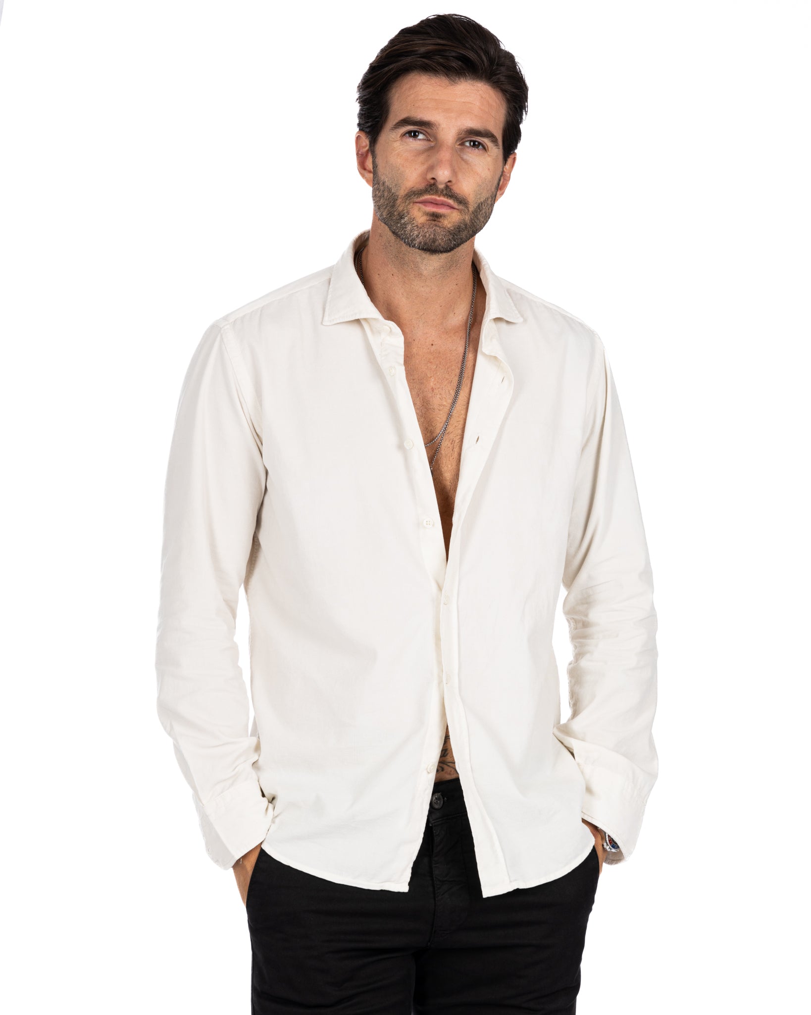 Vega - cream shirt in thousand-stripe velvet
