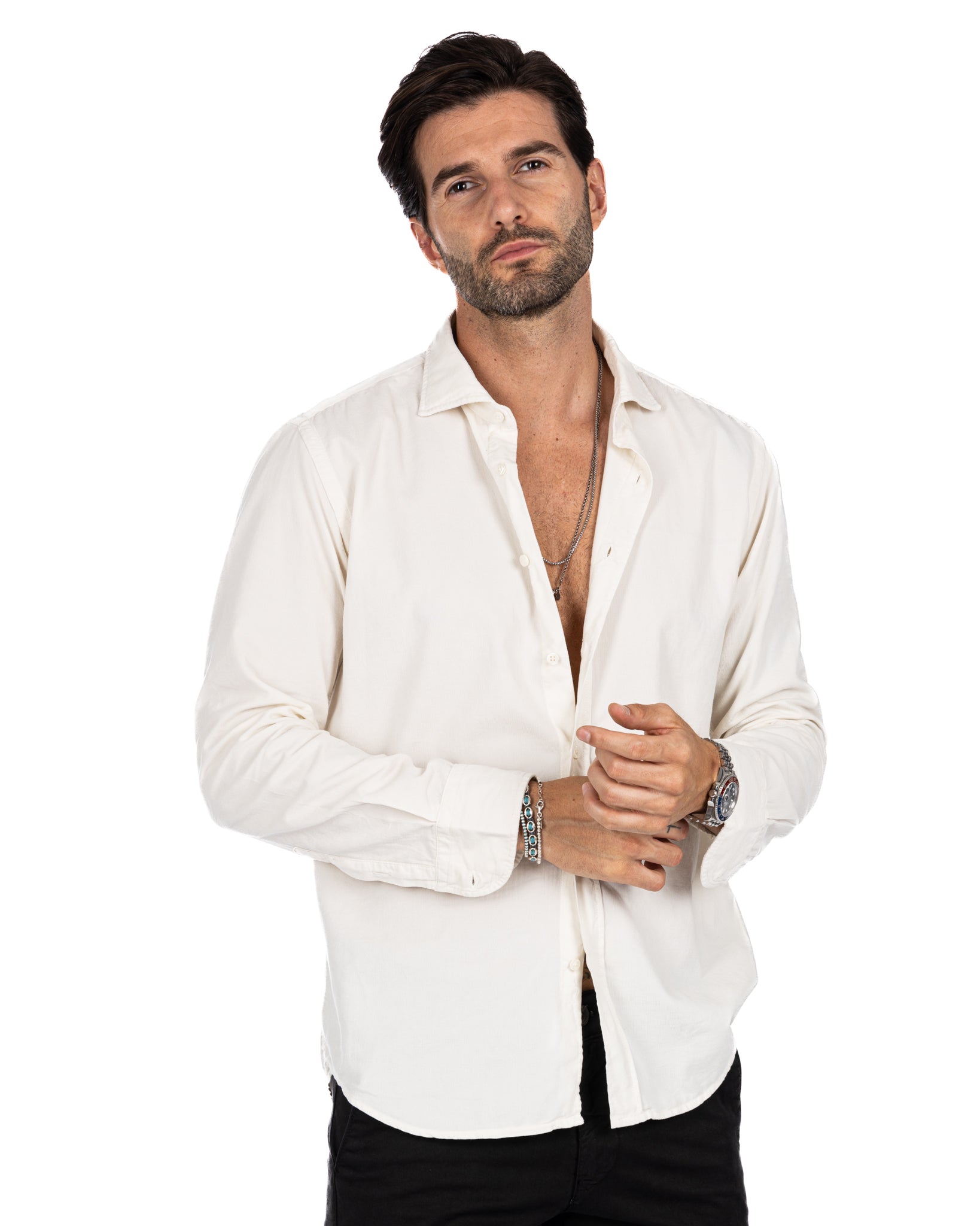 Vega - cream shirt in thousand-stripe velvet