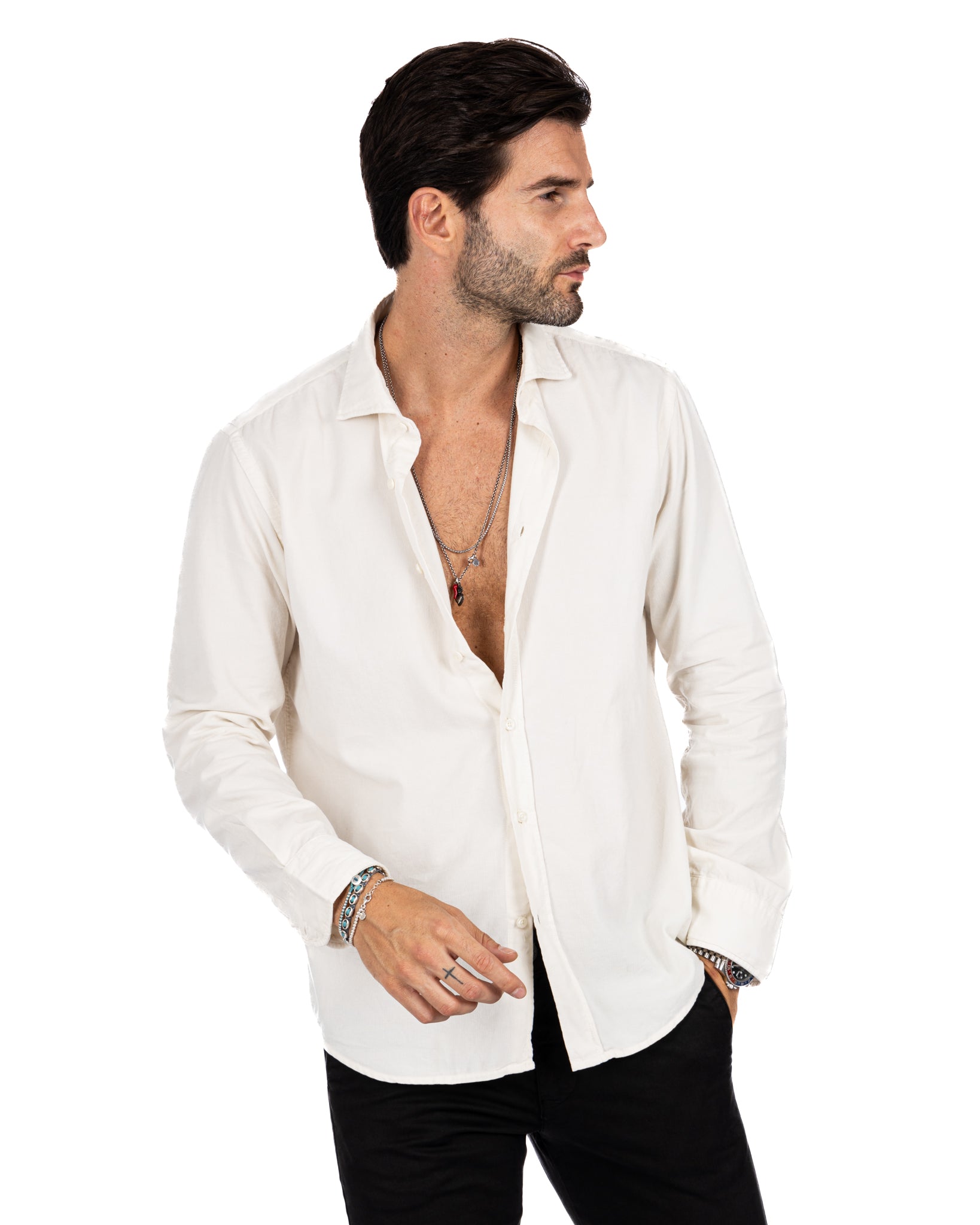 Vega - cream shirt in thousand-stripe velvet