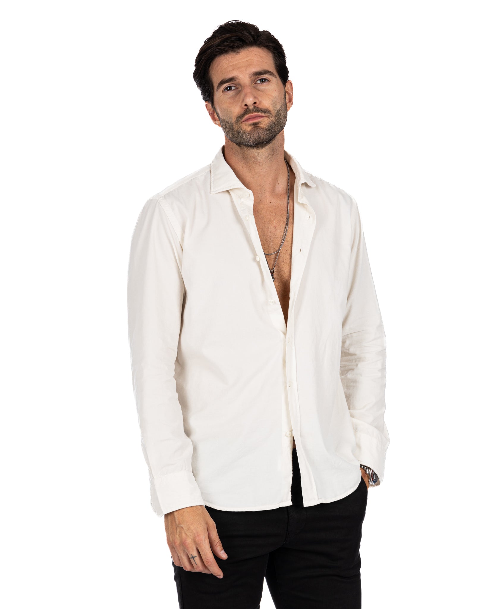 Vega - cream shirt in thousand-stripe velvet