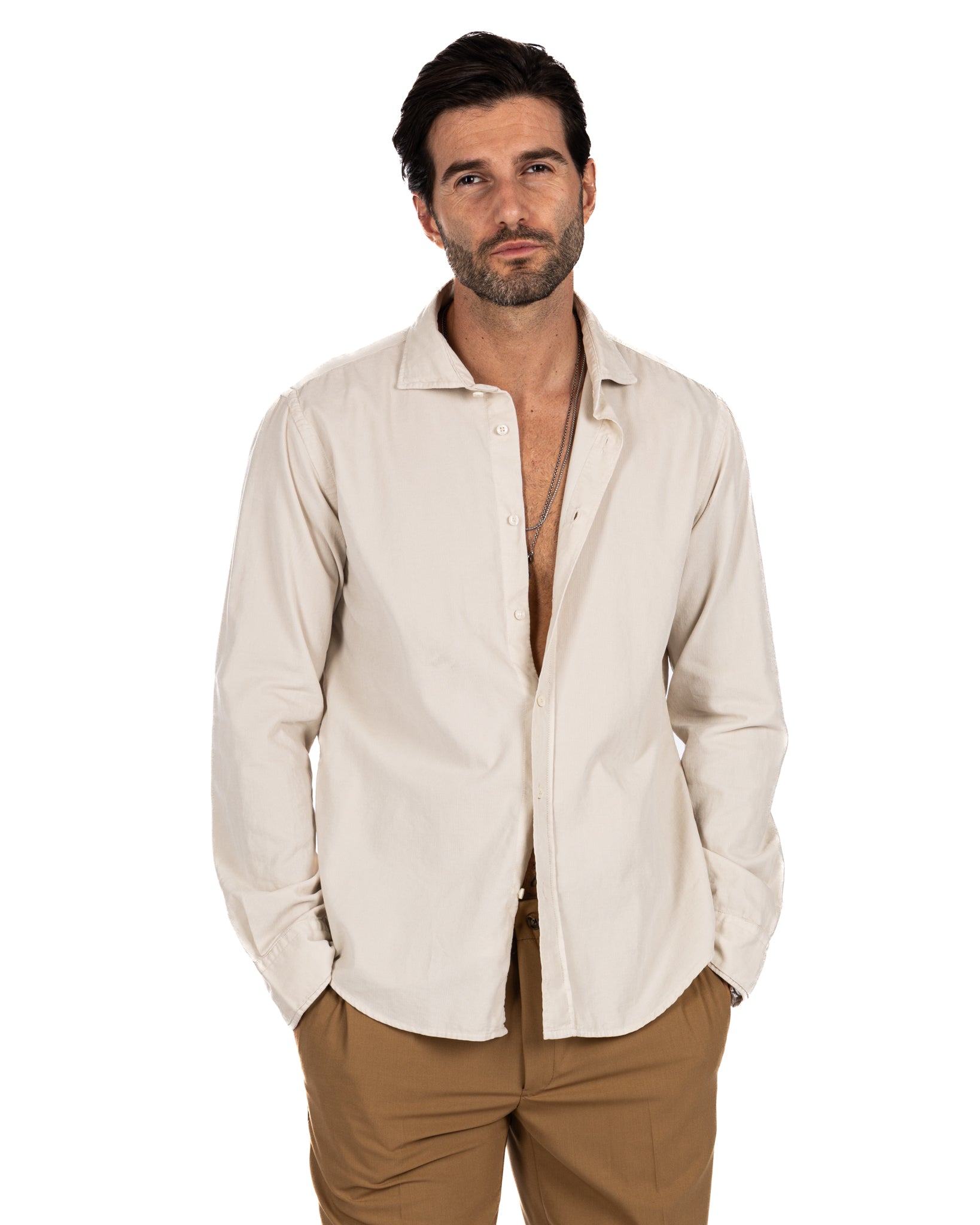 Vega - beige thousand-stripe velvet shirt