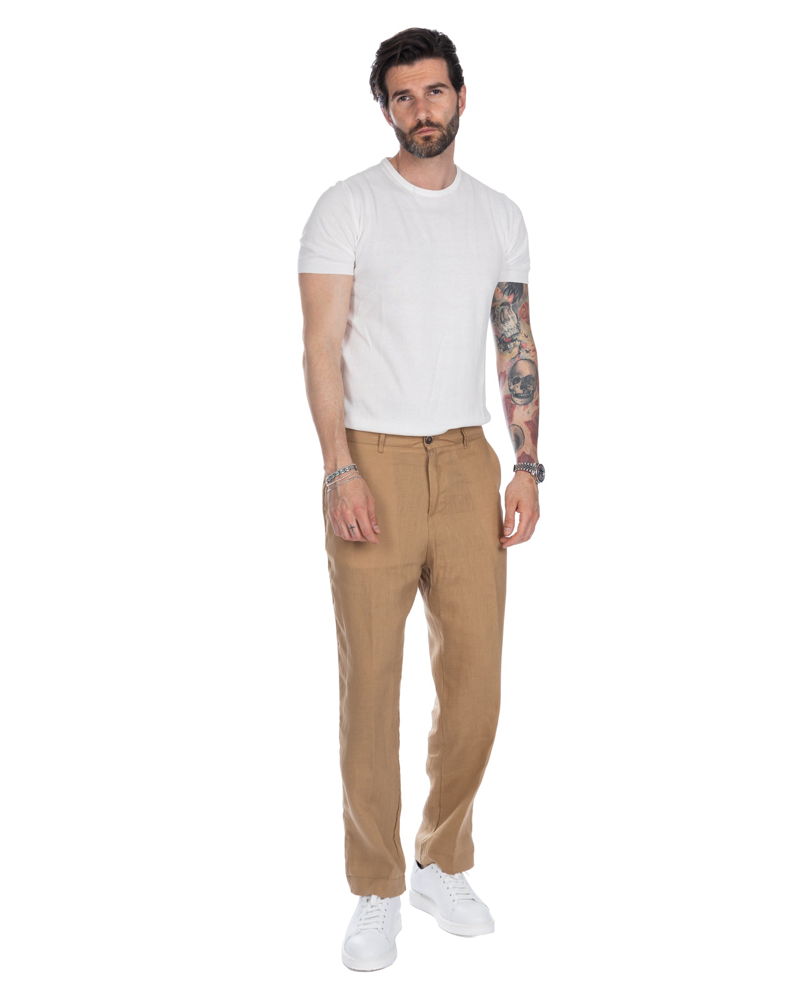 Lucas - camel wide trousers in pure linen