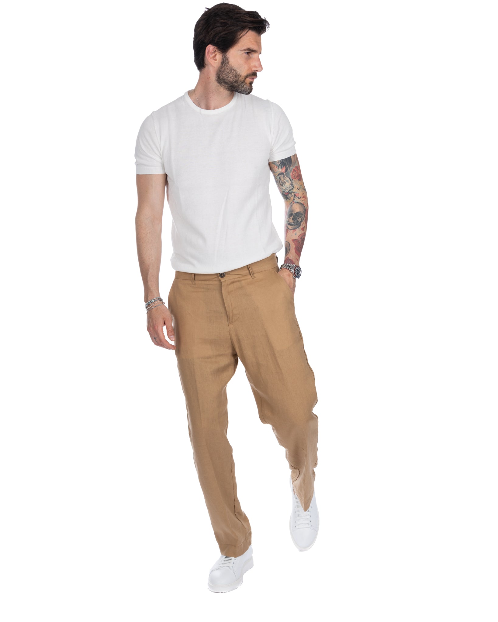 Lucas - pantalon large camel en pur lin