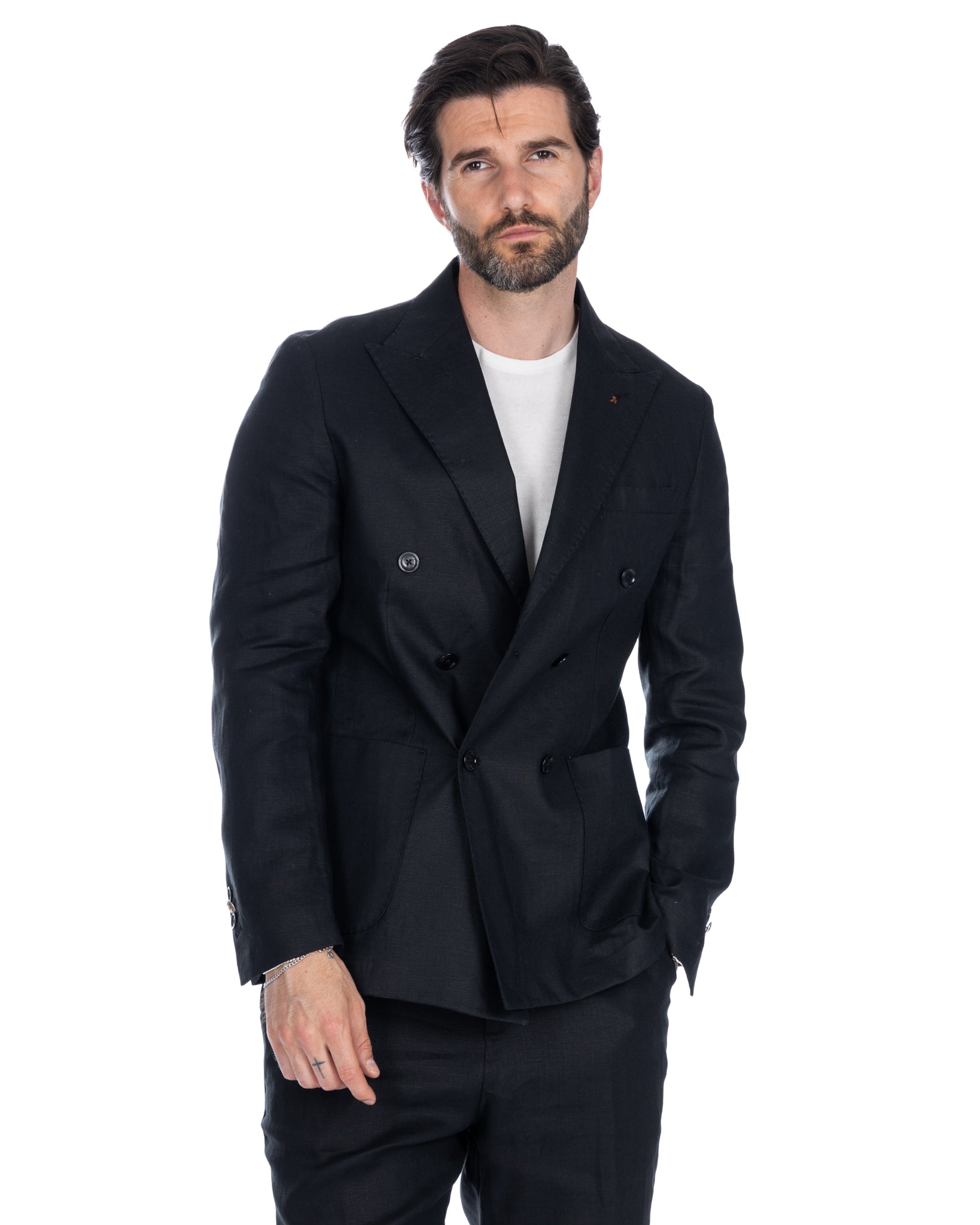 Baunei - pure black linen double-breasted jacket