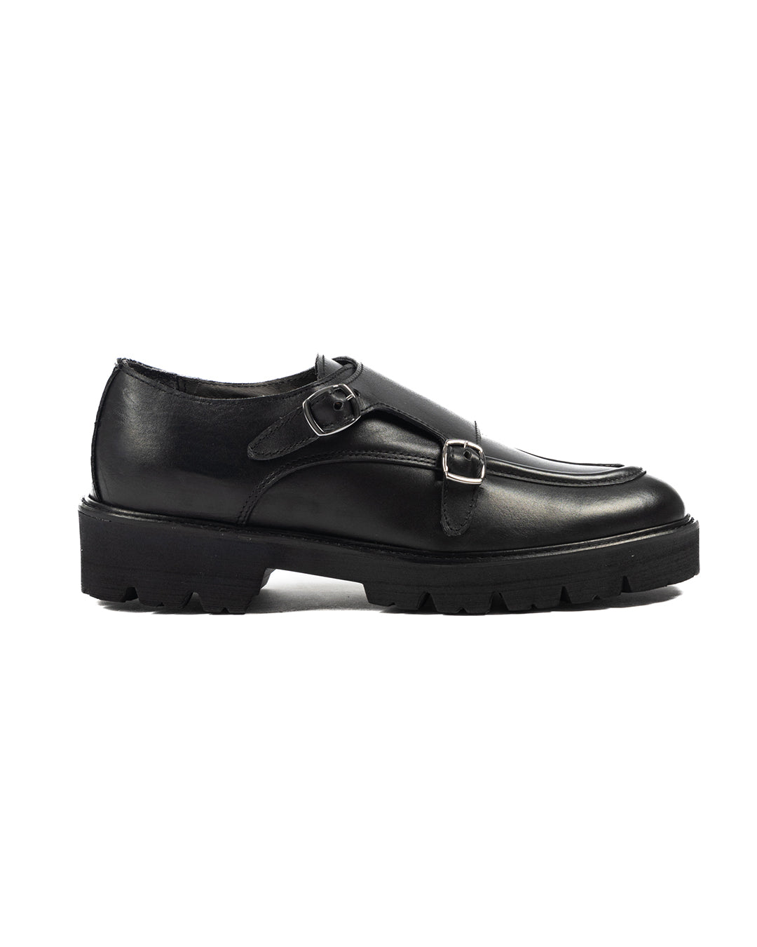 Falcon- black leather moccasin with double buckle