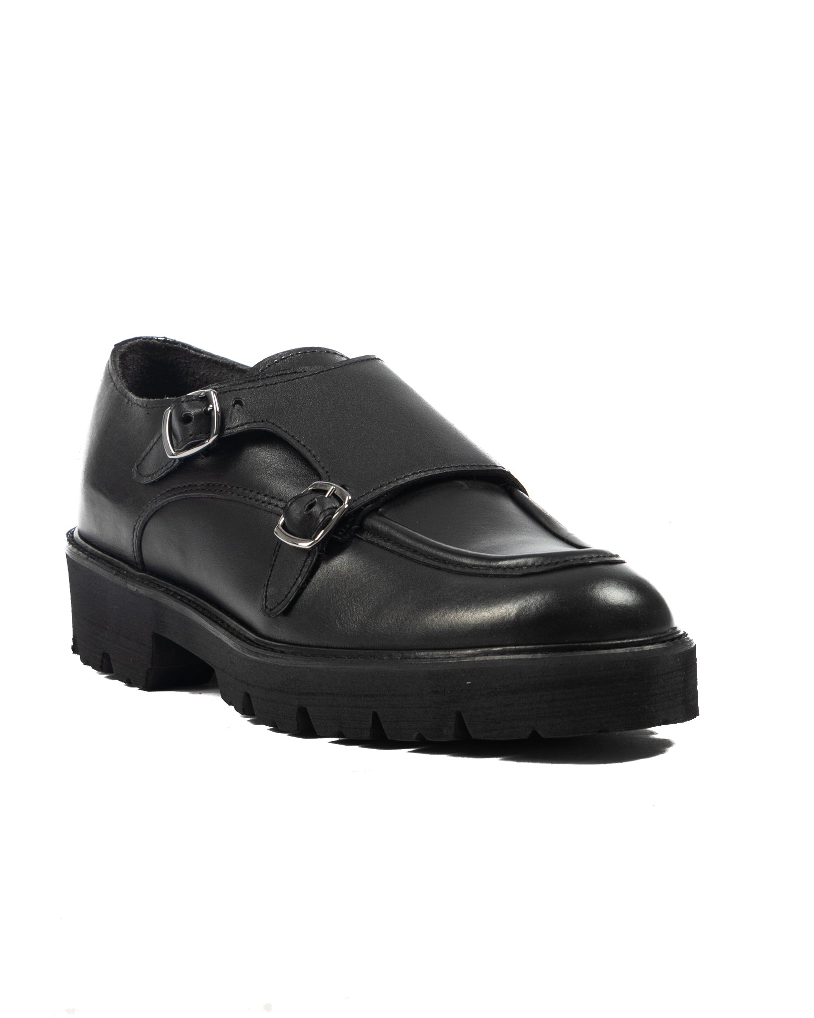 Falcon- black leather moccasin with double buckle