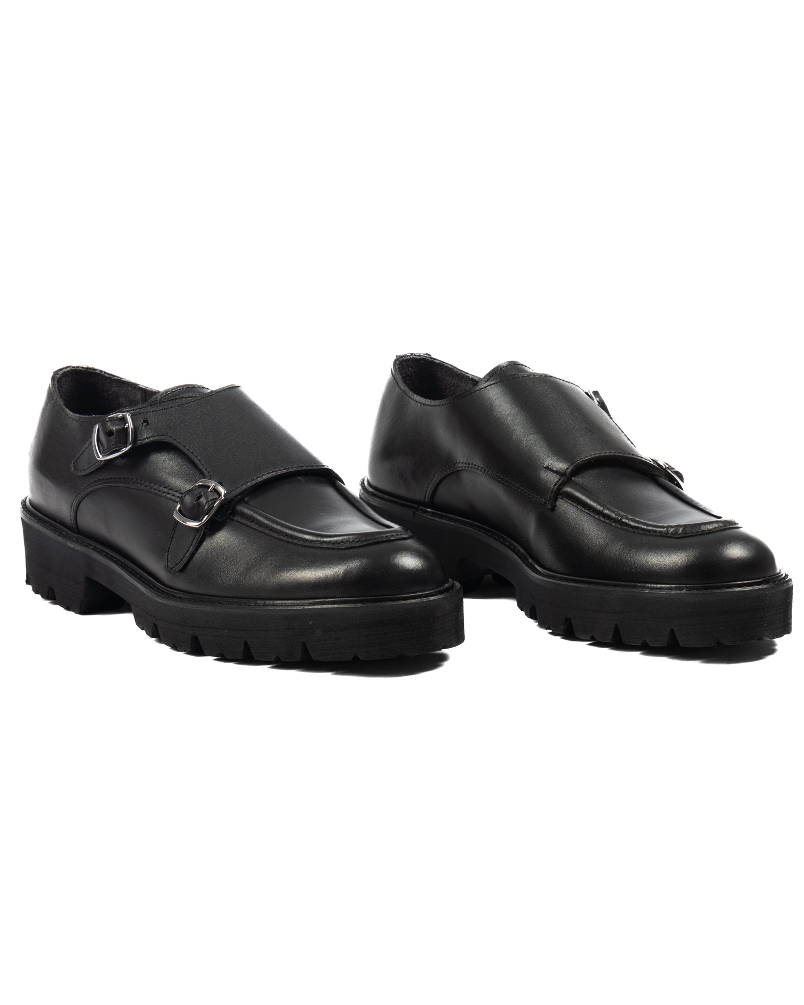 Falcon- black leather moccasin with double buckle