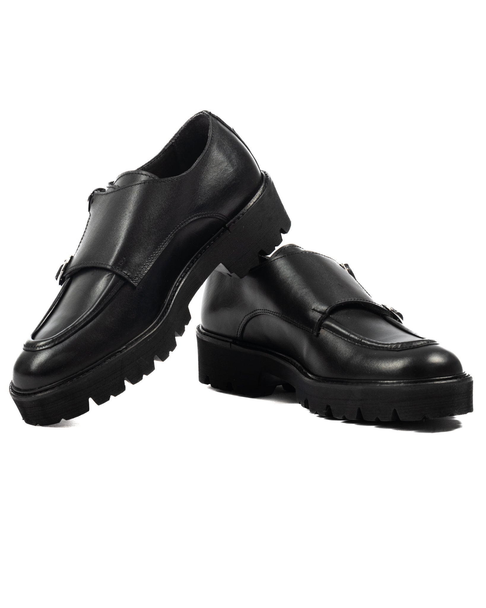 Falcon- black leather moccasin with double buckle
