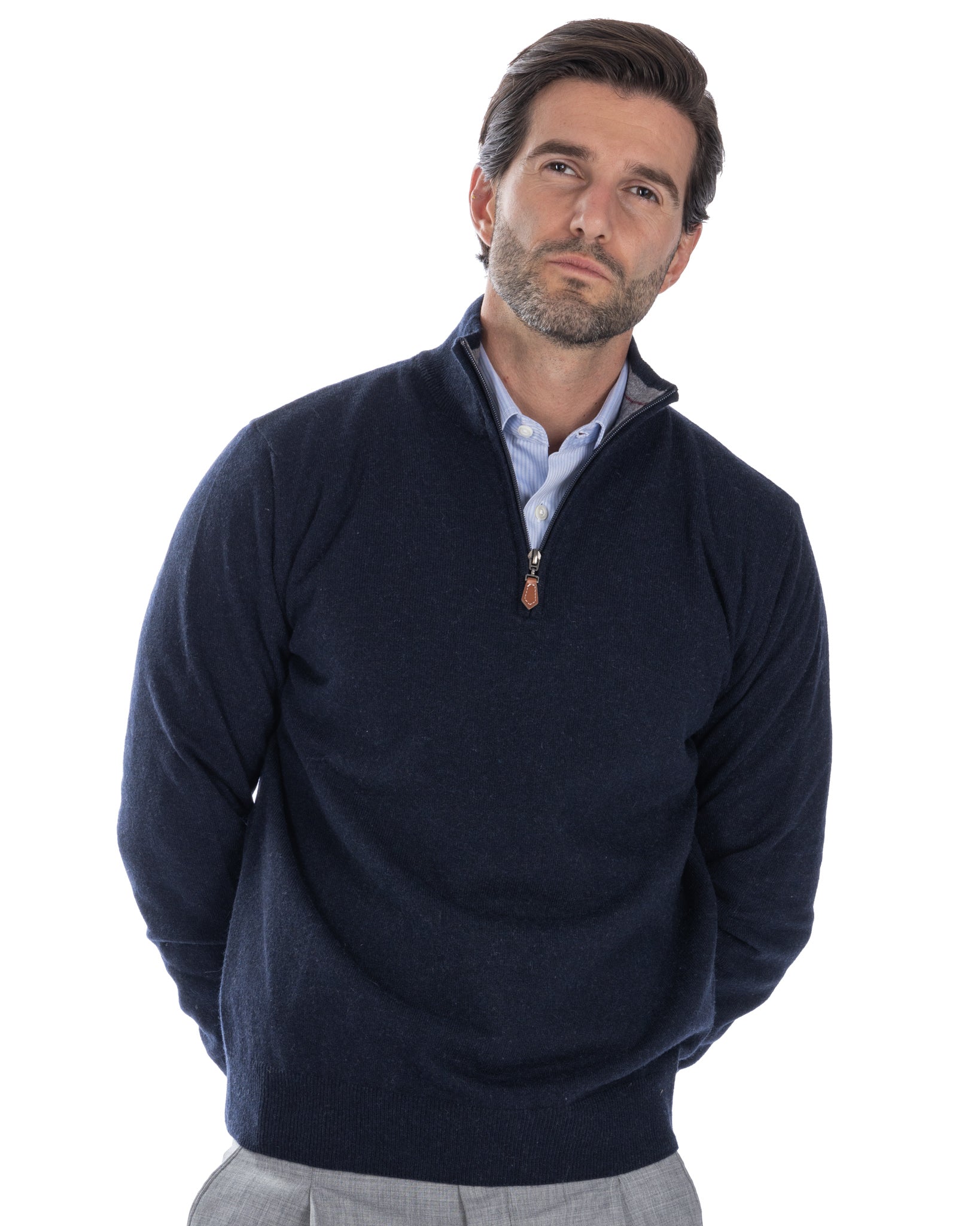 Rory zip-up turtleneck sweater in blue cashmere blend