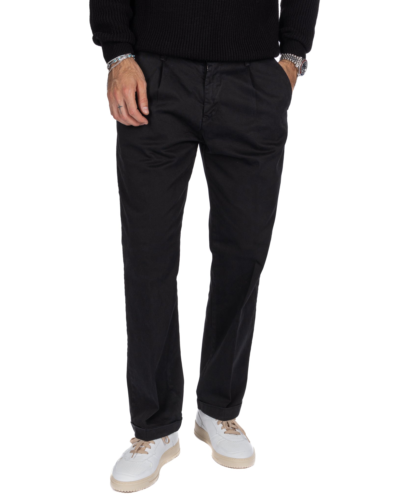 Sean - Black Wide Leg Cotton Trousers