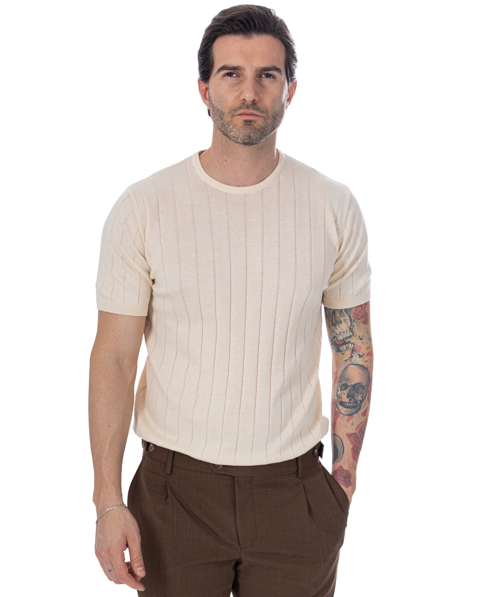 Adriano - T-shirt en tricot côtelé couleur crème