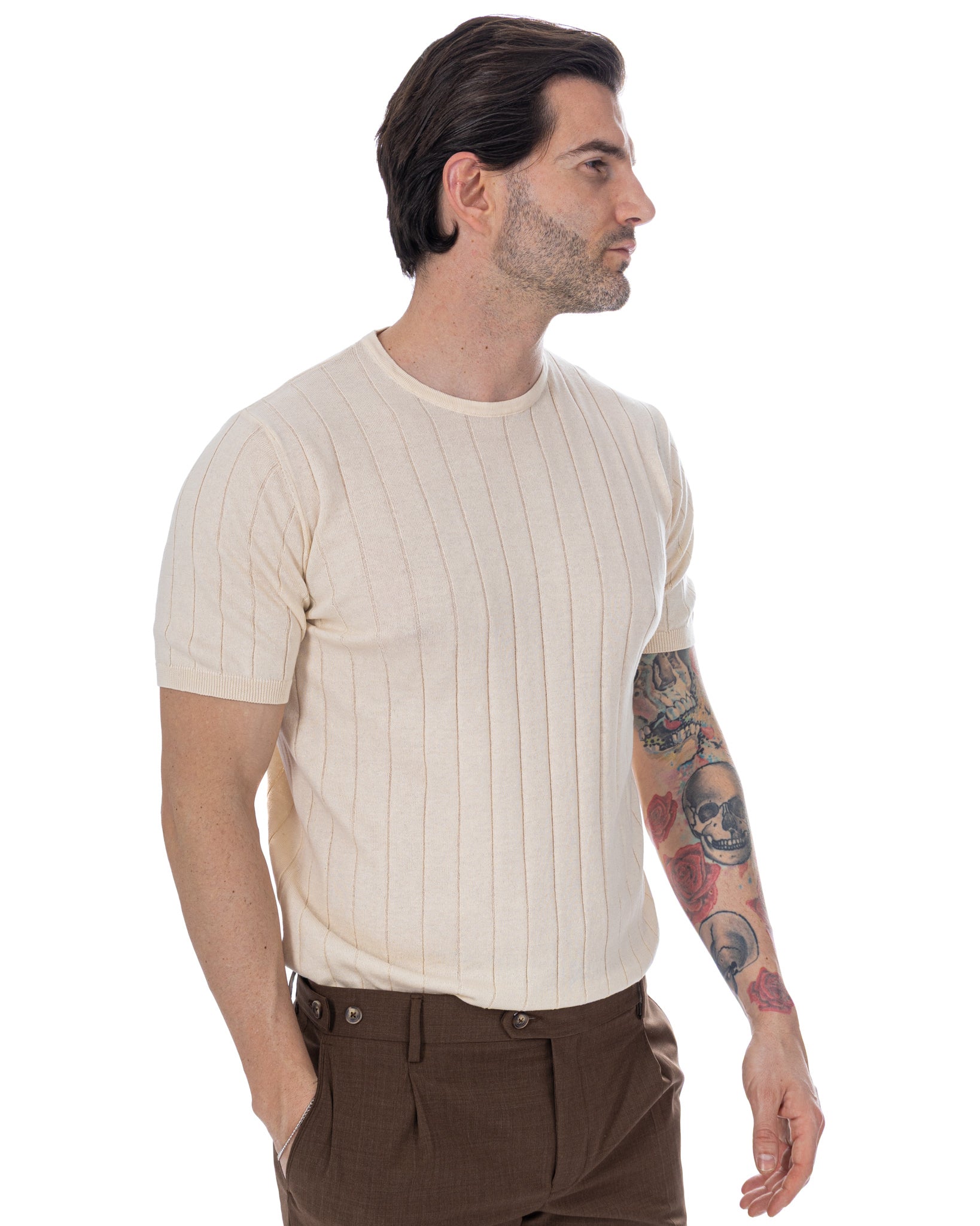 Adriano - T-shirt en tricot côtelé couleur crème