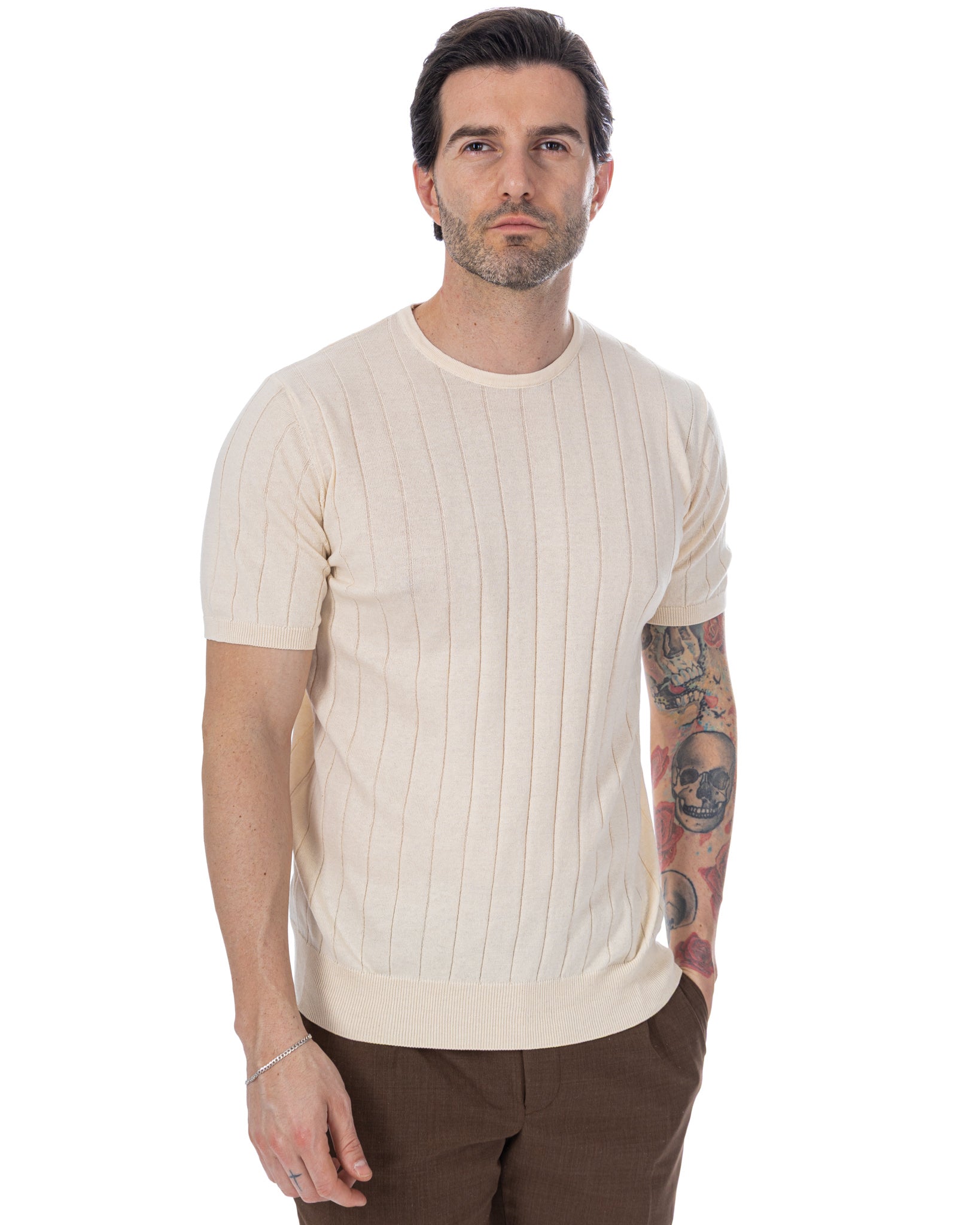 Adriano - T-shirt en tricot côtelé couleur crème