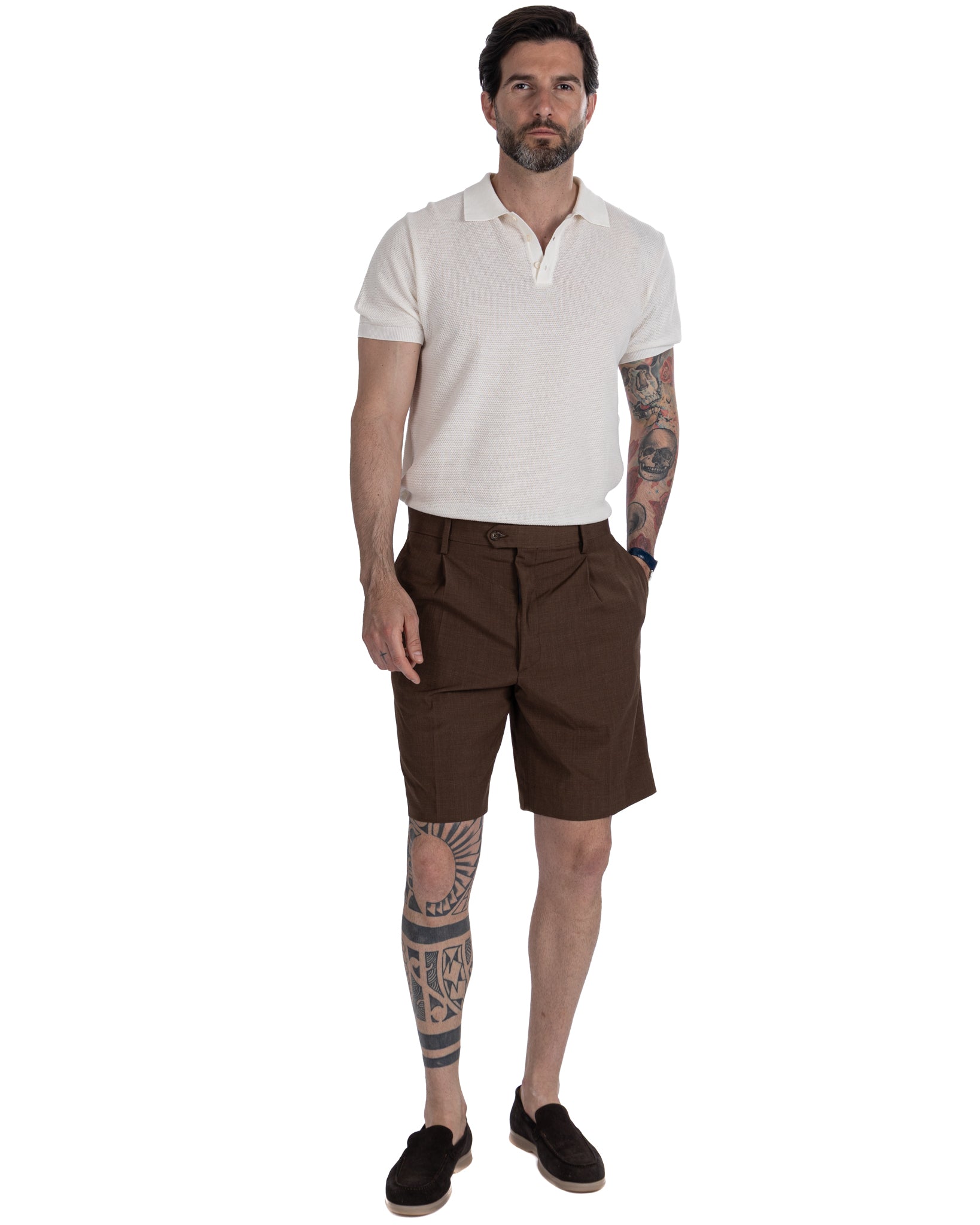 Colton - Bermuda taille haute à pinces marron foncé