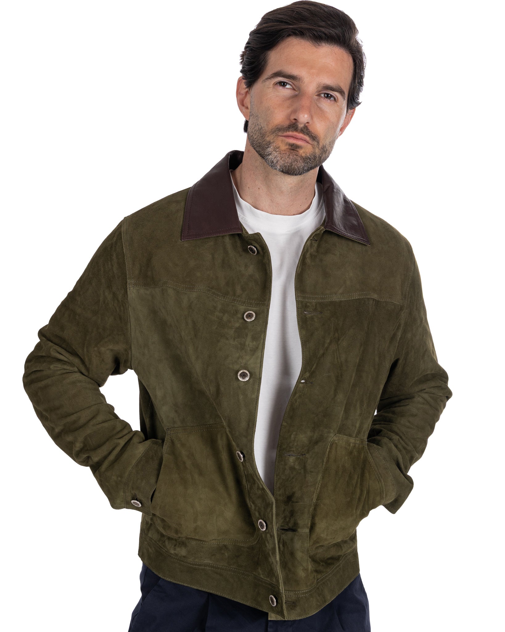Veste boutonnée en daim vert
