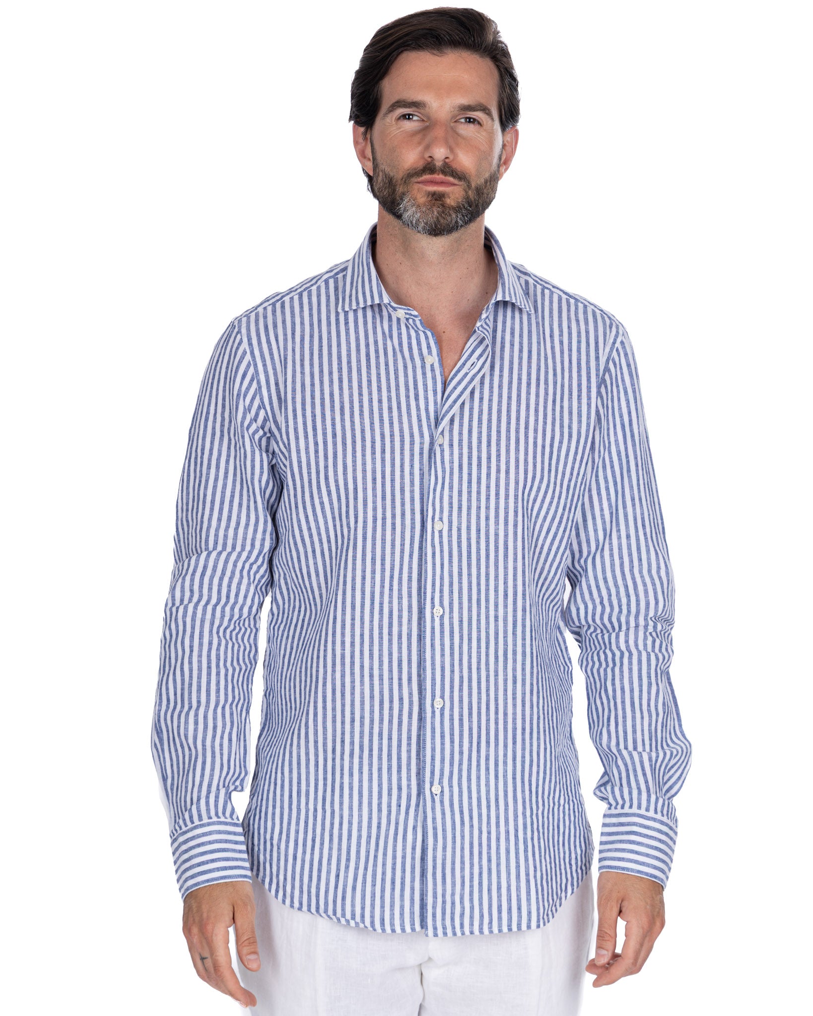 Cassis - Blue Striped Linen Blend Shirt
