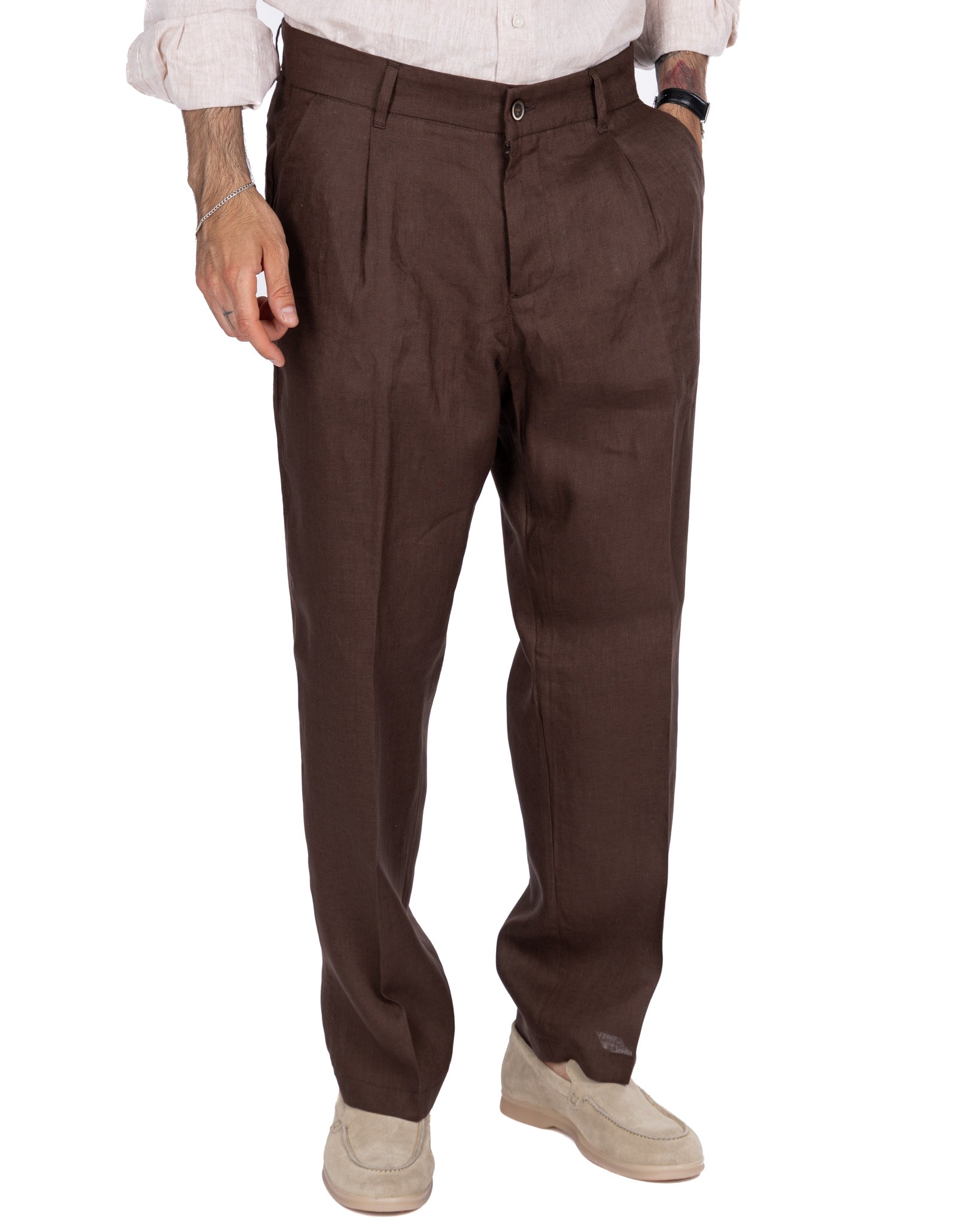 Lucas - pantalon large en pur lin foncé à plis