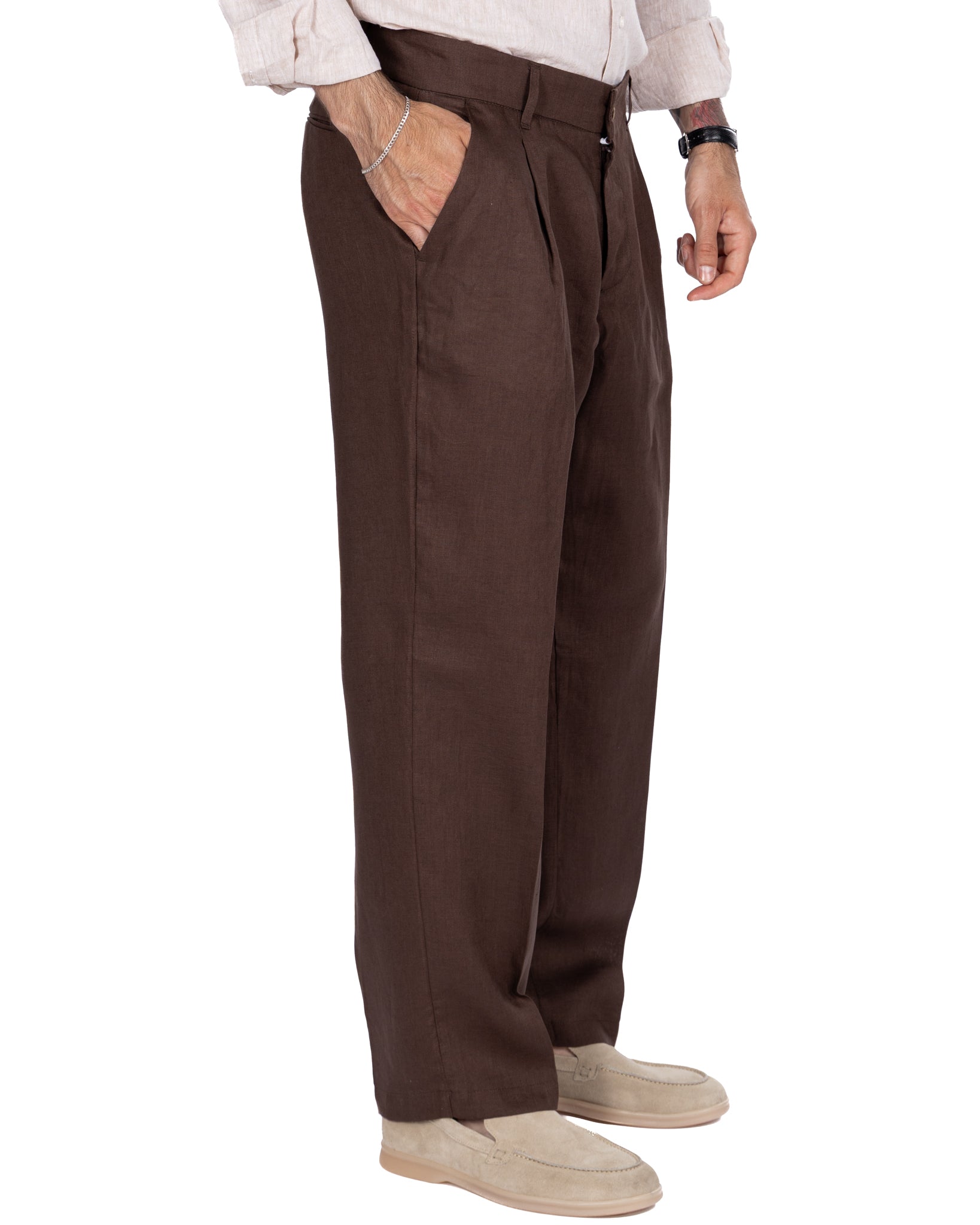Lucas - pantalon large en pur lin foncé à plis