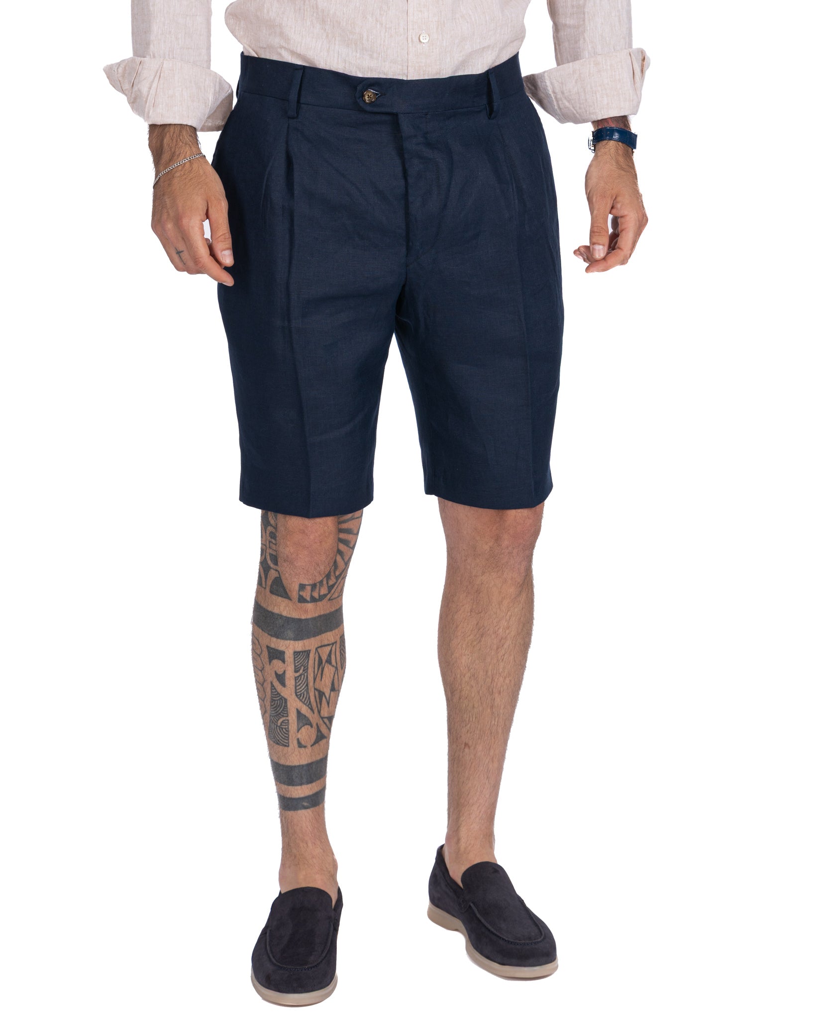 Rowan - Bermuda taille haute à plis bleus