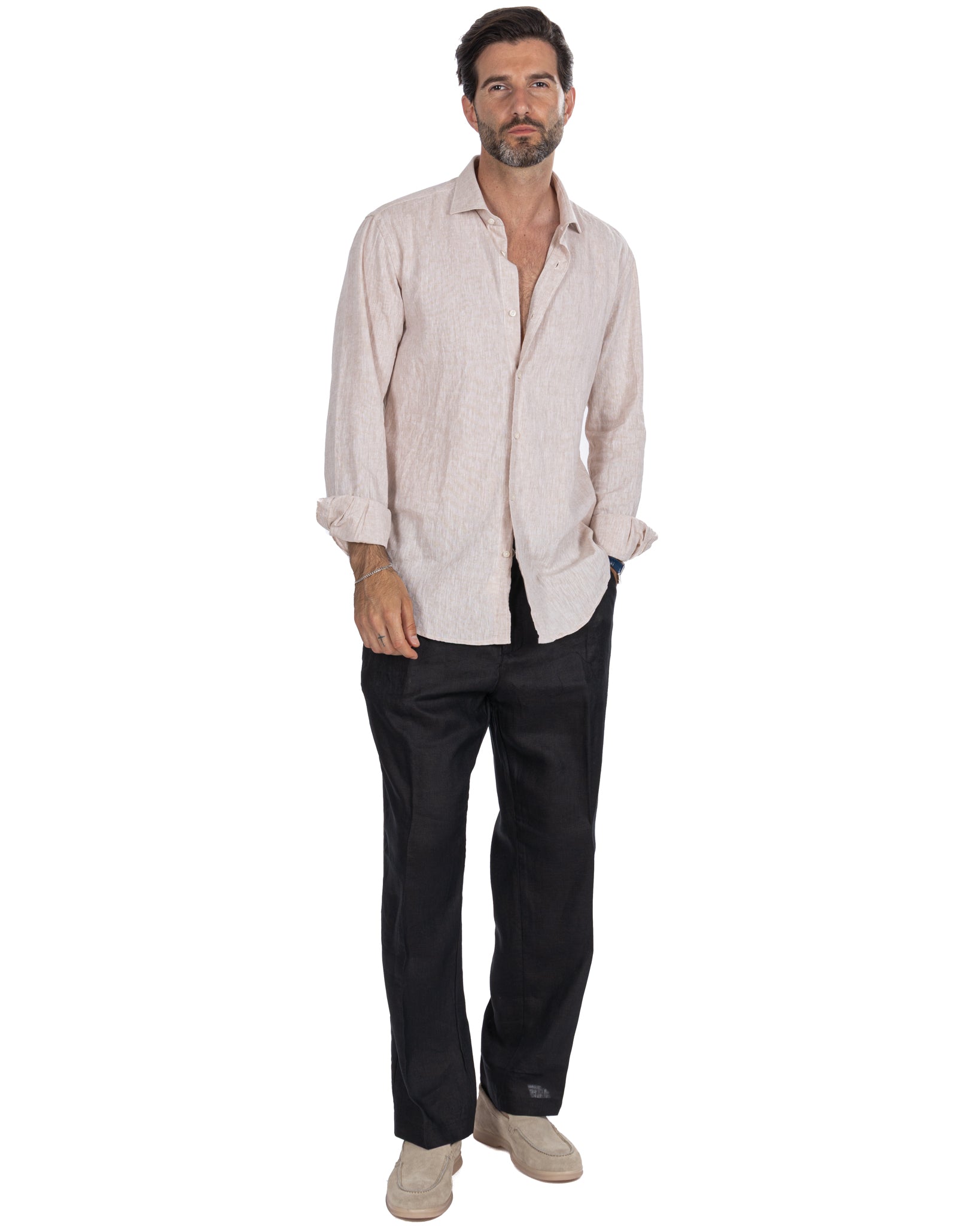 Lucas - pantalone largo in puro lino nero con pinces