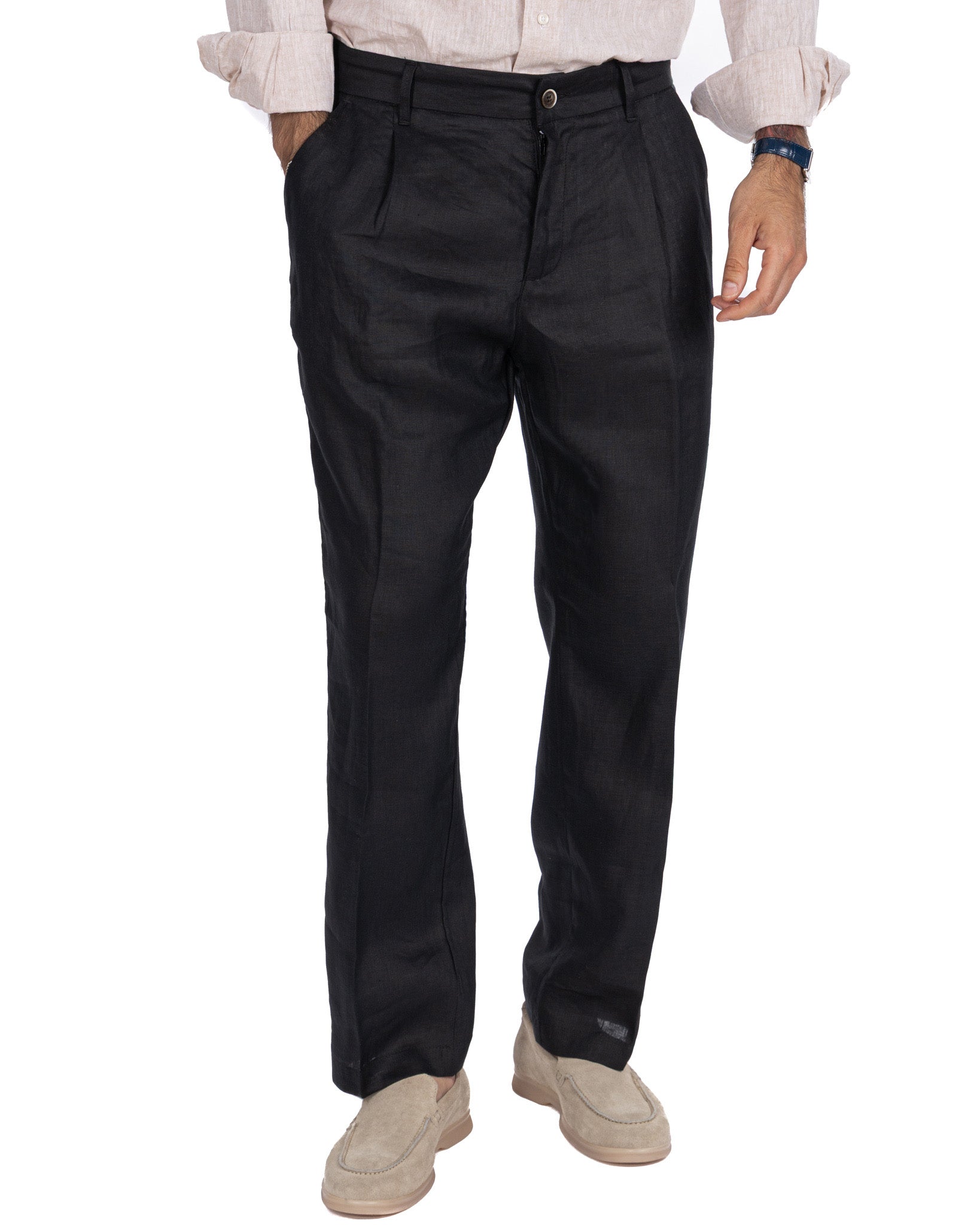 Lucas - pantalone largo in puro lino nero con pinces