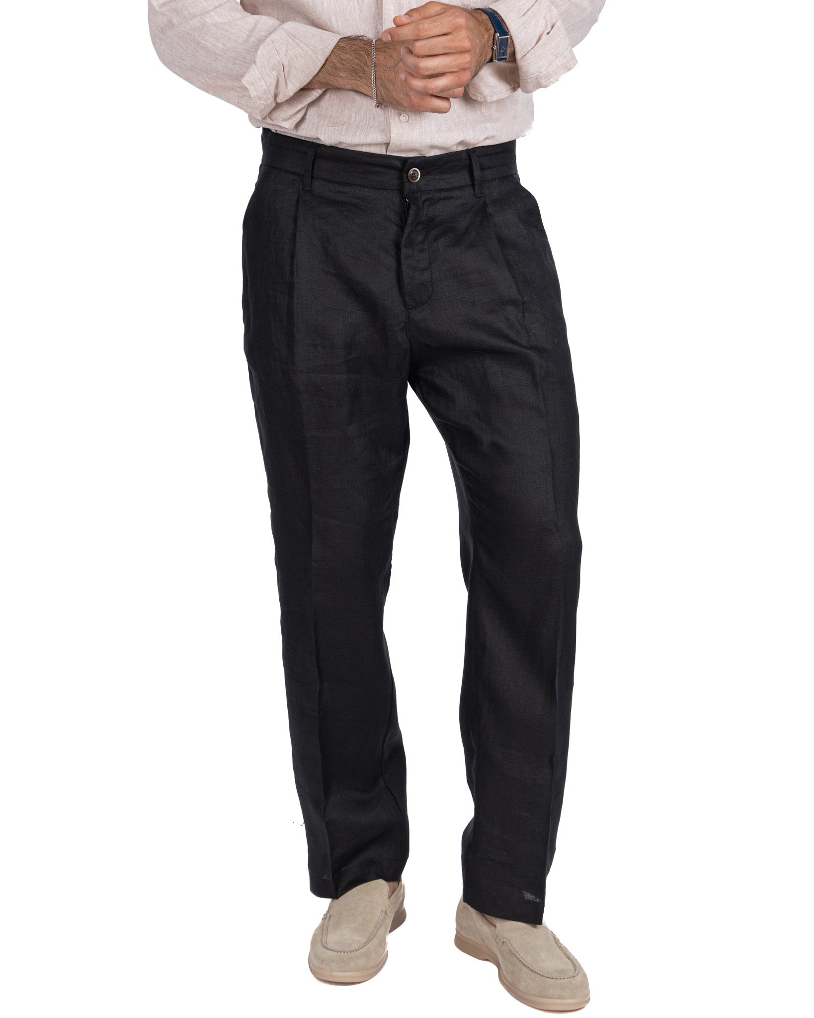 Lucas - pantalone largo in puro lino nero con pinces